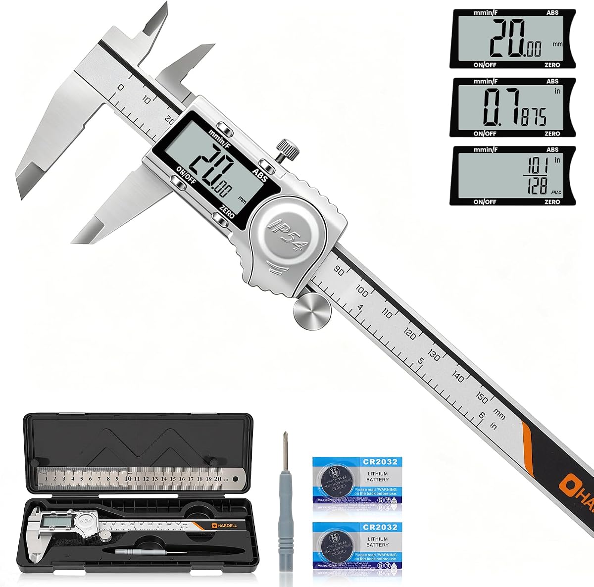HARDELL Digital Caliper, IP54 Calipers with ABS Function, All-Metal Digital Micrometer Auto-Off, 6 Inch Micrometer Caliper Digital, Inch/MM/Fraction for 3D Printing & DIY (2 Spare Batteries)