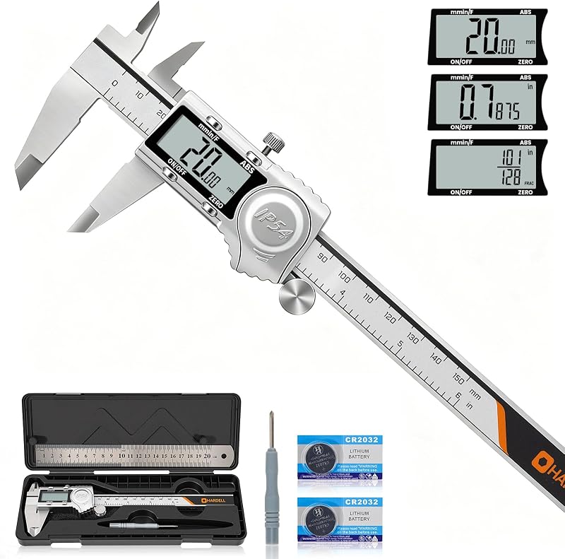 HARDELL Digital Caliper, IP54 Calipers with ABS Function, All-Metal Digital Micrometer Auto-Off, 6 Inch Micrometer Caliper Digital, Inch/MM/Fraction for 3D Printing & DIY (2 Spare Batteries)