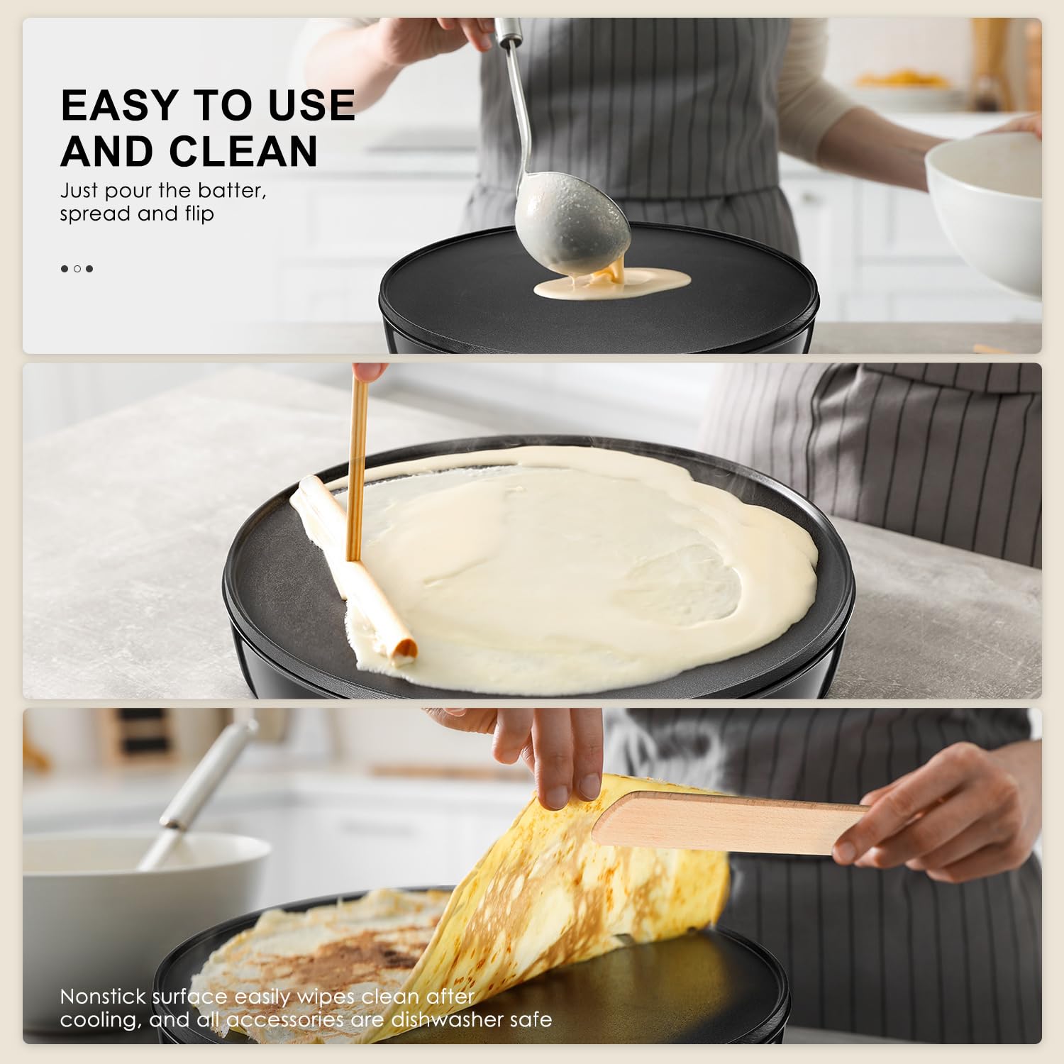 Yabano Crepera Eléctrica, Revestimiento Antiadherente, Diámetro 30 cm, Incluye 2 Utensilios para Hacer Crepes, Rodillo Esparcidor y Espátula Incluidos 1000 W