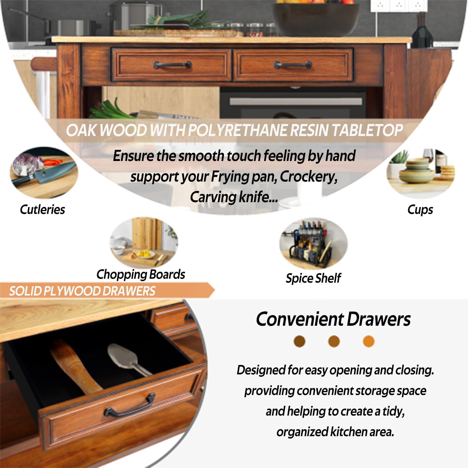 (5-8 days delivery) 57 inch Kitchen Island Storage Kitchen Cart with Solid OAK Wood Top Two-sided Kitchen island Cart on Wheels Wine and Spice Rack Large Rolling Kitchen Cart with 2 Drawers (Brown)