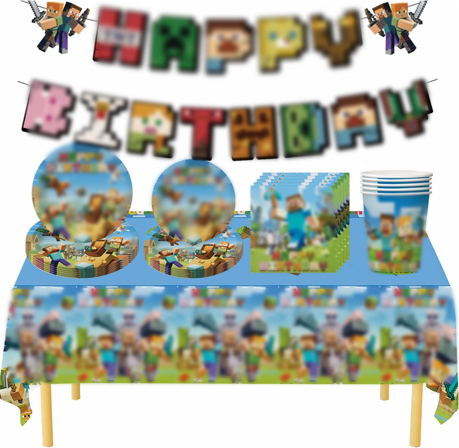 52P Minecraft Birthday Tableware Decorations,Miner Gaming Theme Paper Cups Napkins Plates Mine-Craft Table Cloth,Happy Birthday Banner Minecraft Paper Dinnerware for Kids Boy Girl TNT Game Party
