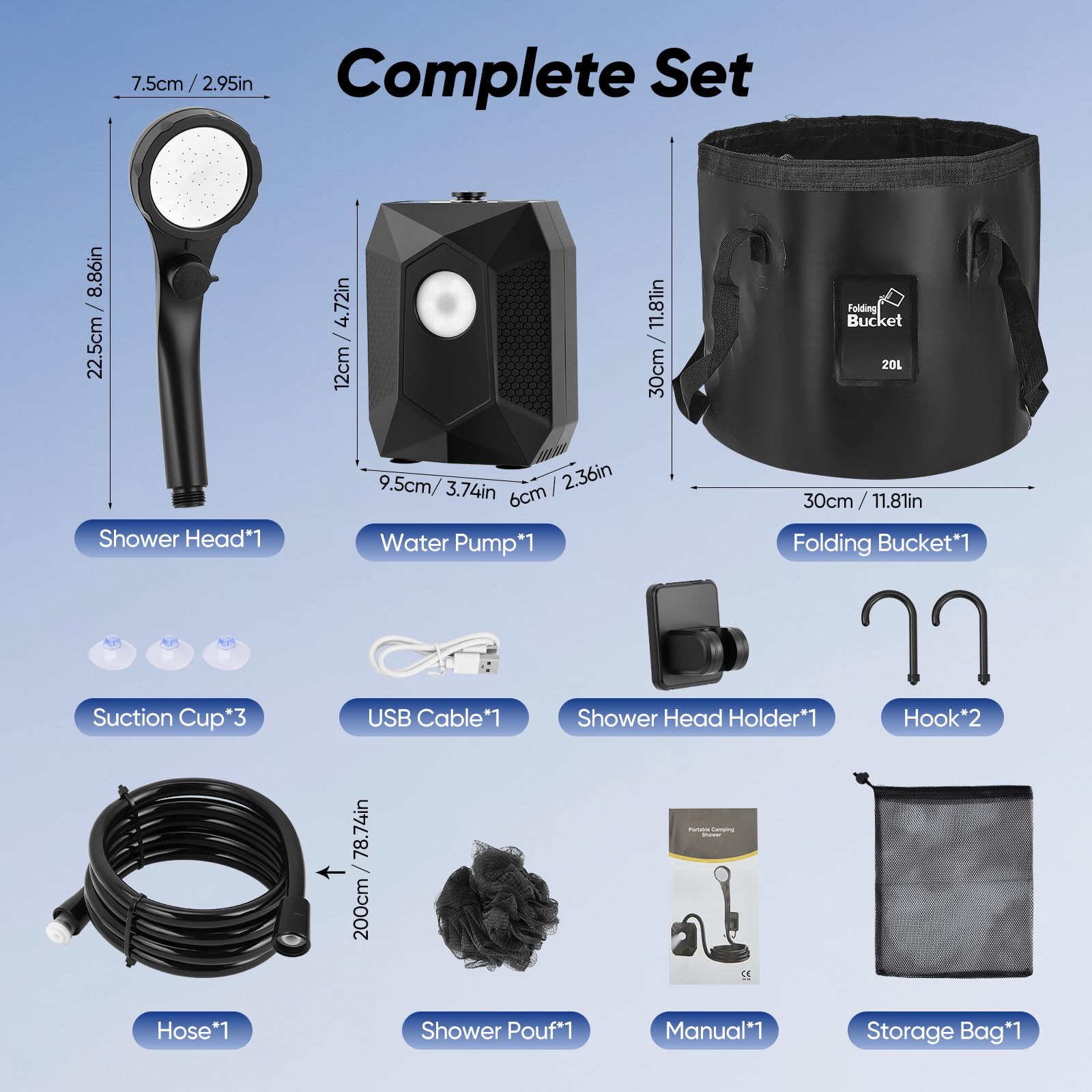 Ducha Portatil Camping Set - con Cubo Plegable 20L Luz LED y Bomba Recargable 6000mAh, Pantalla Digital, 5 Niveles de Flujo y Modos de Rociado, Ideal para Camping, Playa, Caravana, Mascotas y Jardín