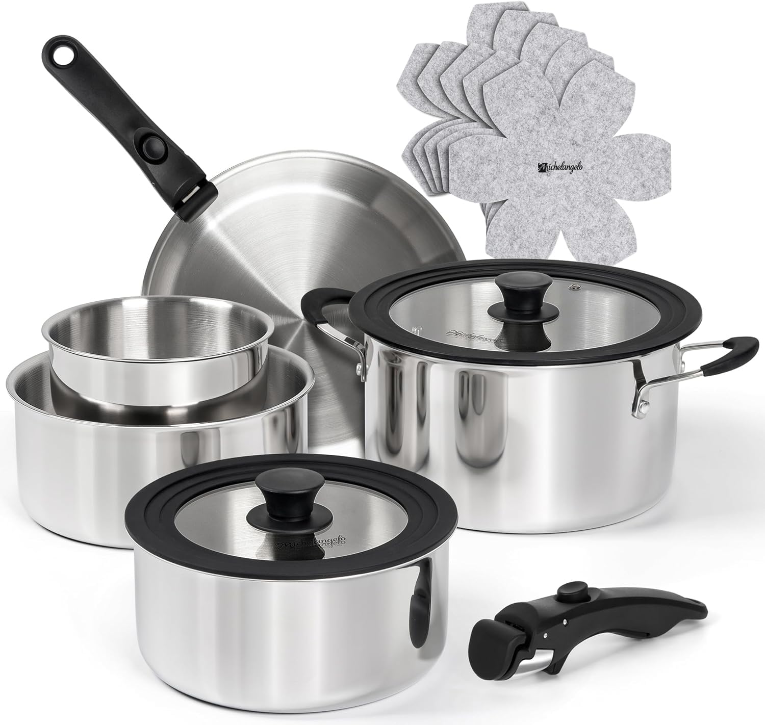 MICHELANGELO 14-teiliges Topfset Induktion, Edelstahl, abnehmbare Griffe | Stapelbares Kochgeschirr Set | Durchgehend 3-lagig | Platzsparend für Camping & Wohnmobil | Topf- und Pfannenset