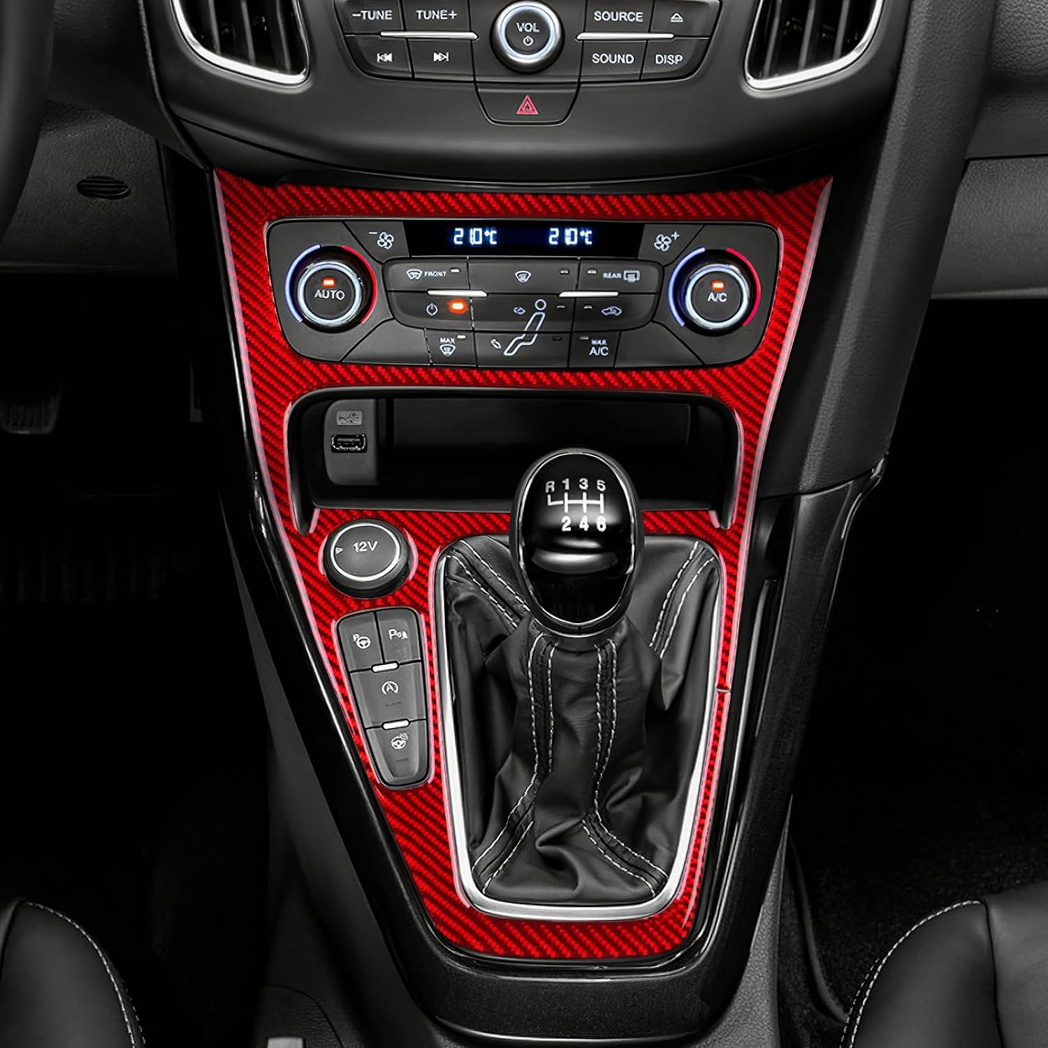 Real Carbon Fiber Central Control Gear Panel Frame Covers - for Ford Focus RS/ST/SE/ECO Boost 2015 2016 2017 2018 Carbon Fiber Accessories, Durable Anti-Scratch Protective Accessories (Red)