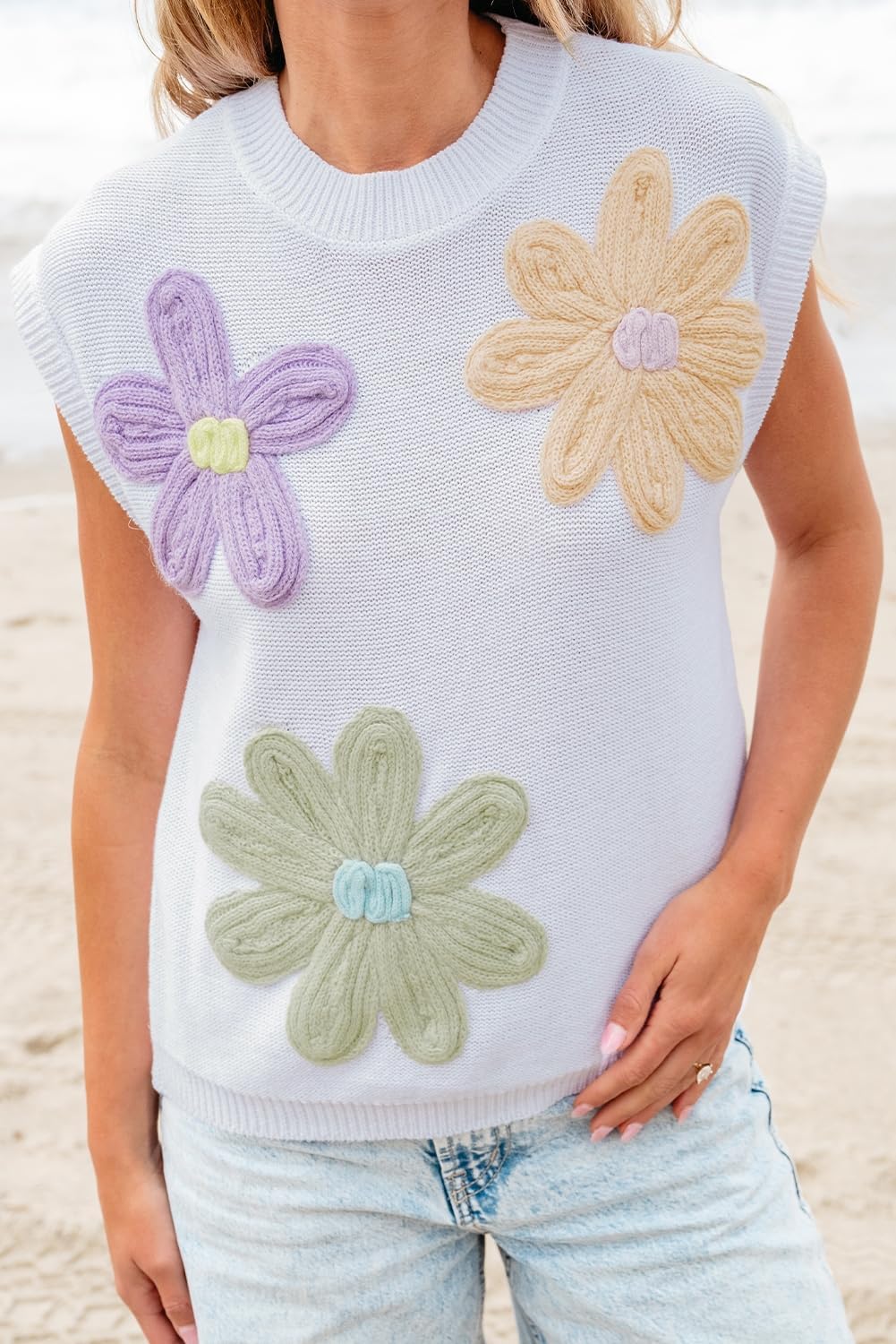UONBOX Womens Summer Crochet Floral Knit Sweater Tank Cap Sleeve Beach Vacation Cruise Pullover 2026 Casual Tops