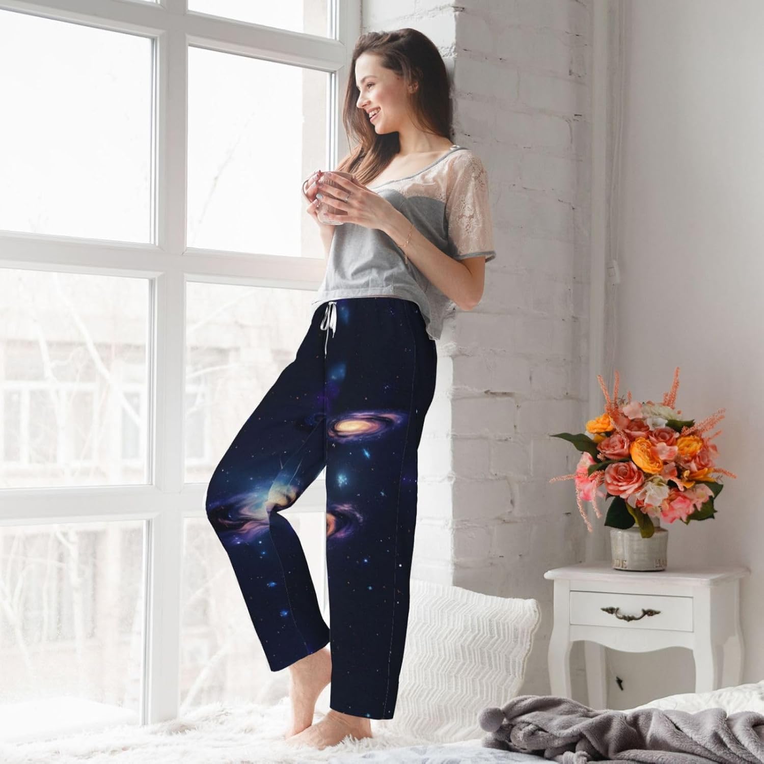 Galaxy In The Universe Print Cozy Flannel Pajama Pants For Women,Warm Christmas Pj Pants,Cute Fleece Pajamas