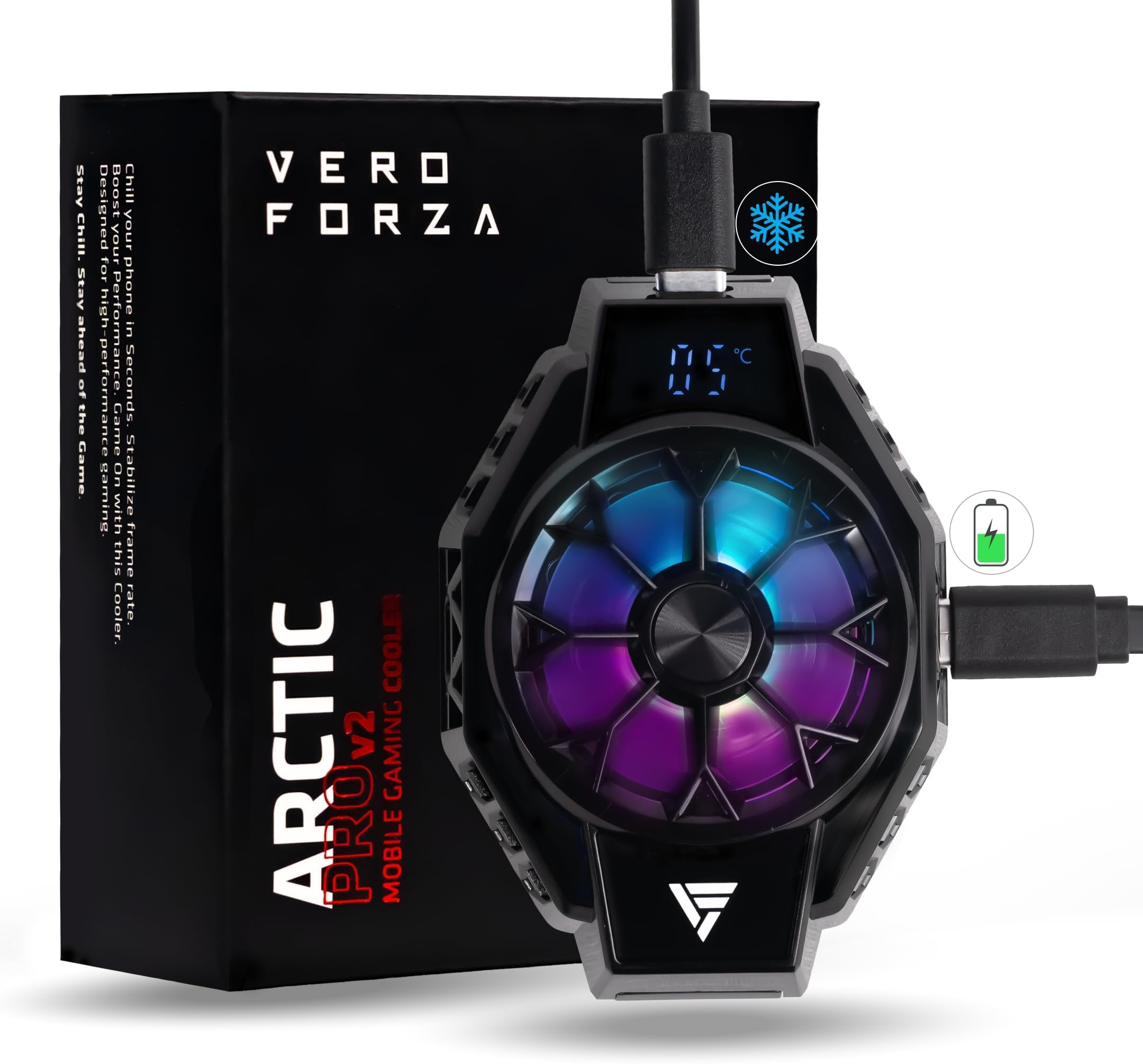 Vero Forza Arctic V3 Mobile Cooler for Gaming | Magsafe Compatible | Ultra Quiet 7 Blade Fan | Phone Cooler for Bgmi, Pubg, Freefire, CODM (iPhone/Android)