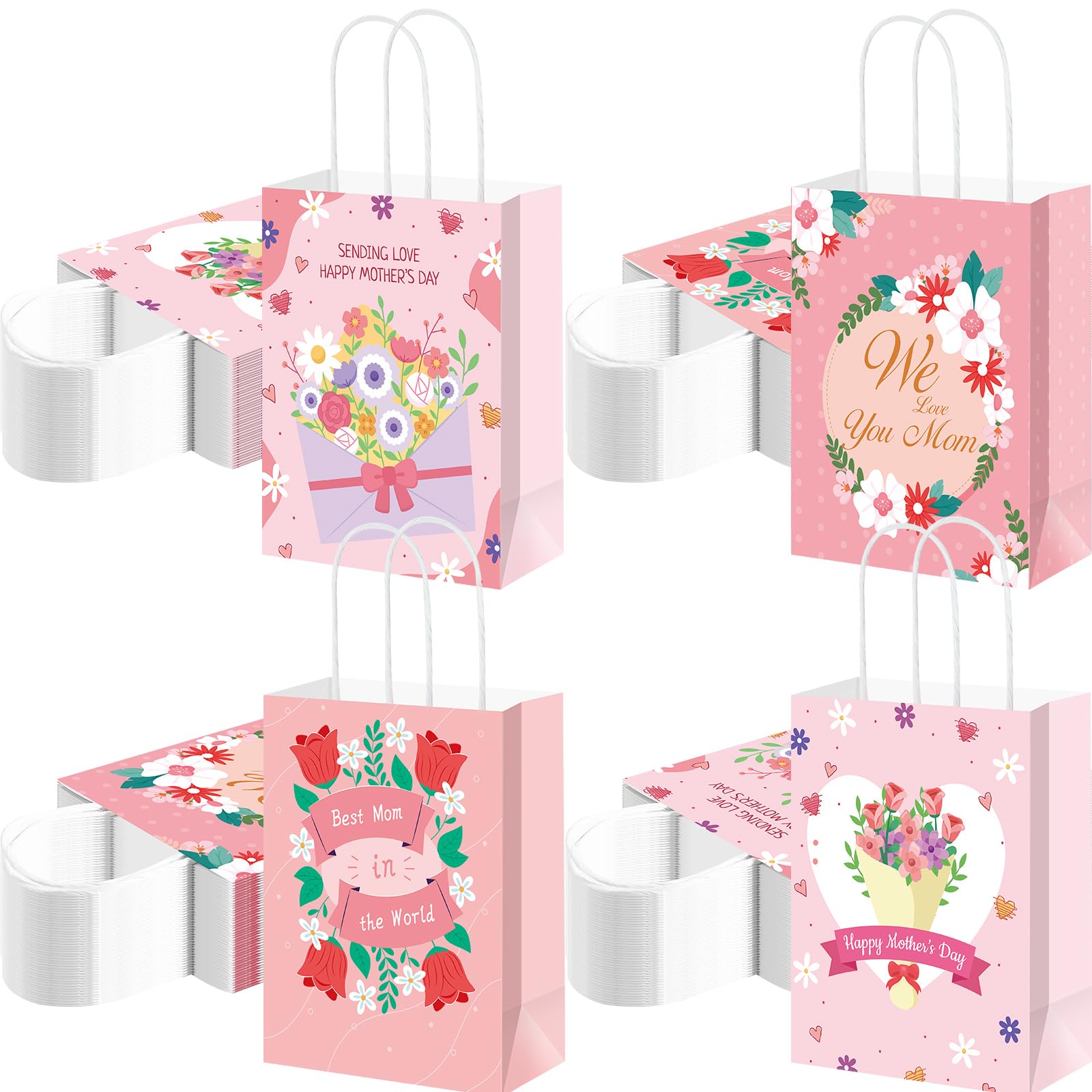Yeaqee 100 Pcs Mother's Day Pape Gift Bags with Handles Pink Floral Treat Bags Bulk for Mother's Day Party Favors Decorations