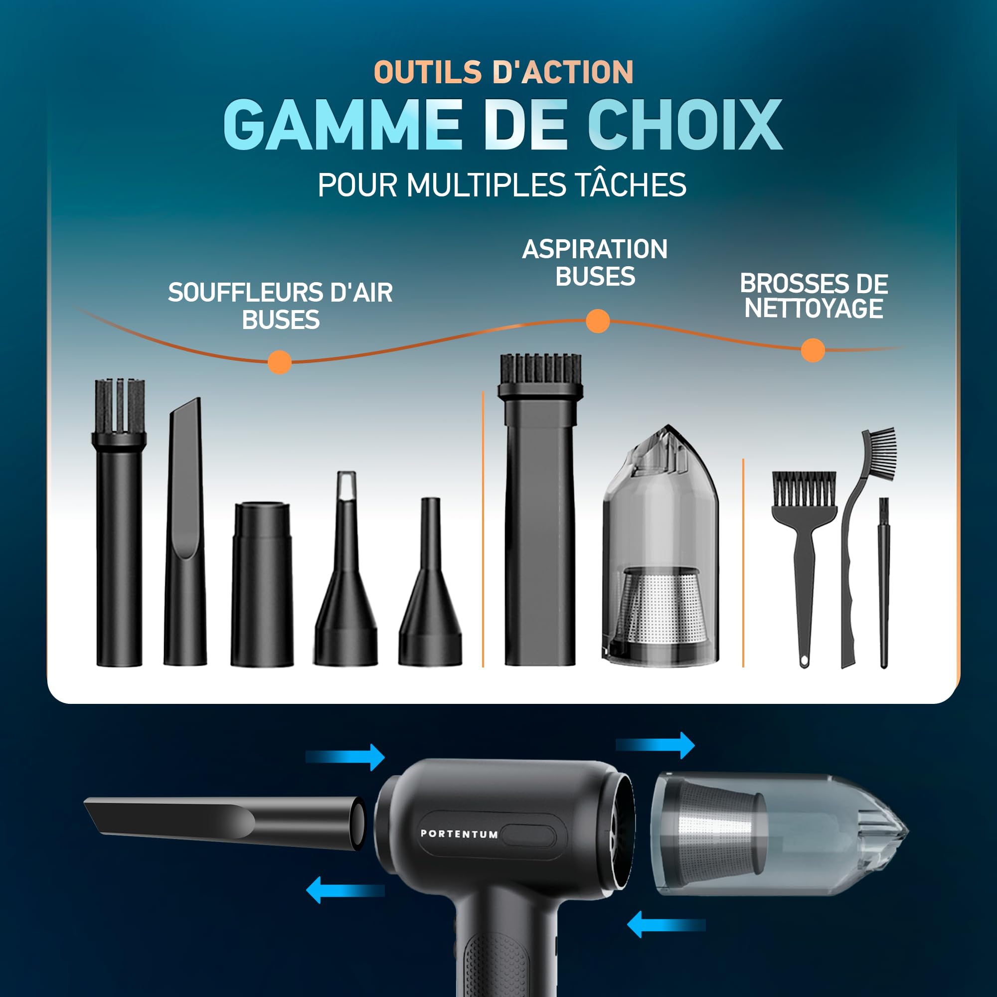 PORTENTUM 2 en 1 Aspirateur sans Fil et Souffleur Air Comprimé - Batterie, 3 Vitesses et Lumière LED - Aspirateur pour Voiture, Clavier, PC, Maison