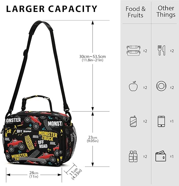 Sinestour Monster Trucks Black Insulated Lunch Bag with Adjustable Shoulder Strap Removable Reusable Cooler Bag for Women Men Boys Girls Reusable Tote Lunch box for School Picnic Work