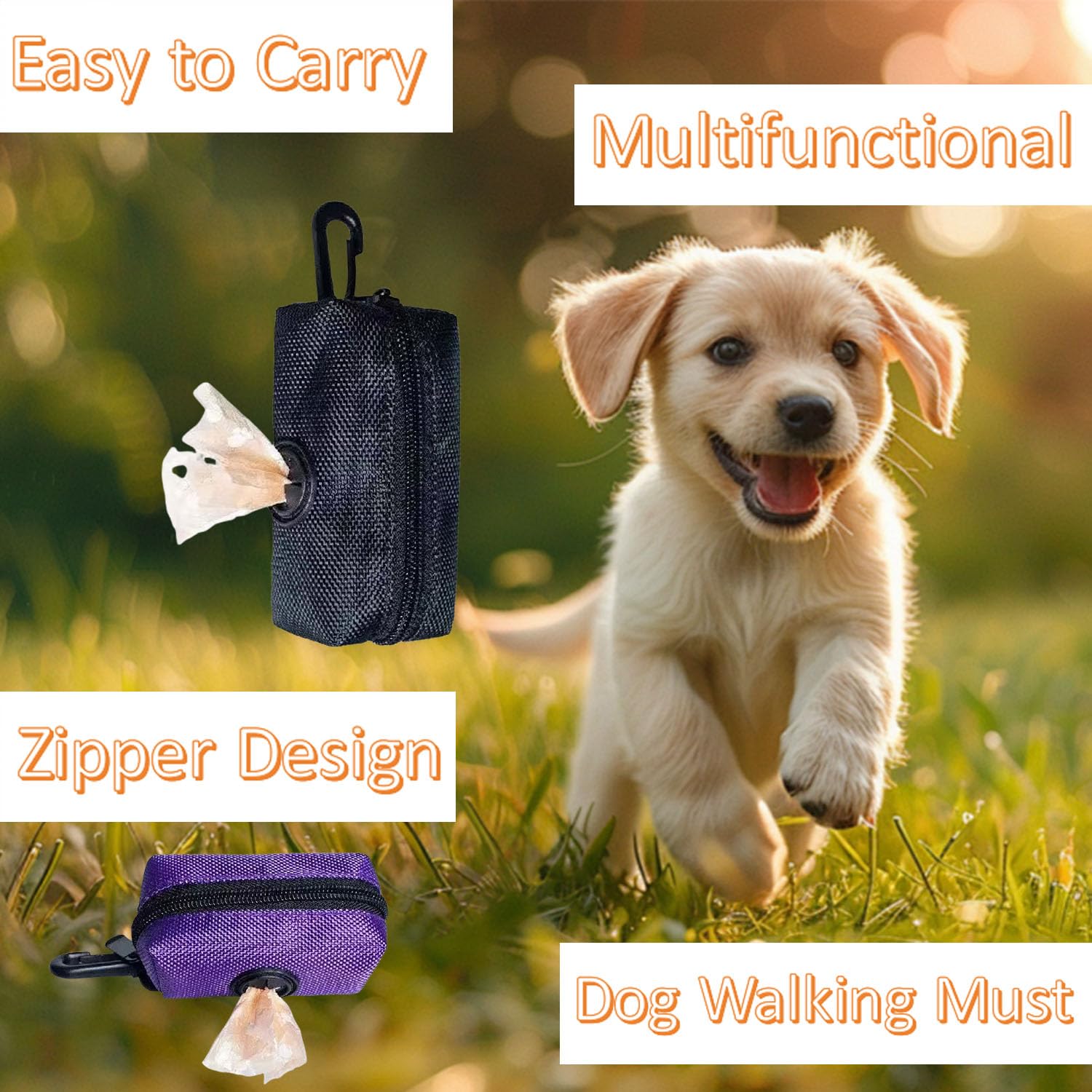 Dog Poop Bag Holder Dispenser For Leash With Premium Hook Small Doggy Poop Bags Zipper Pouch with Carabiner Clip - Image 2