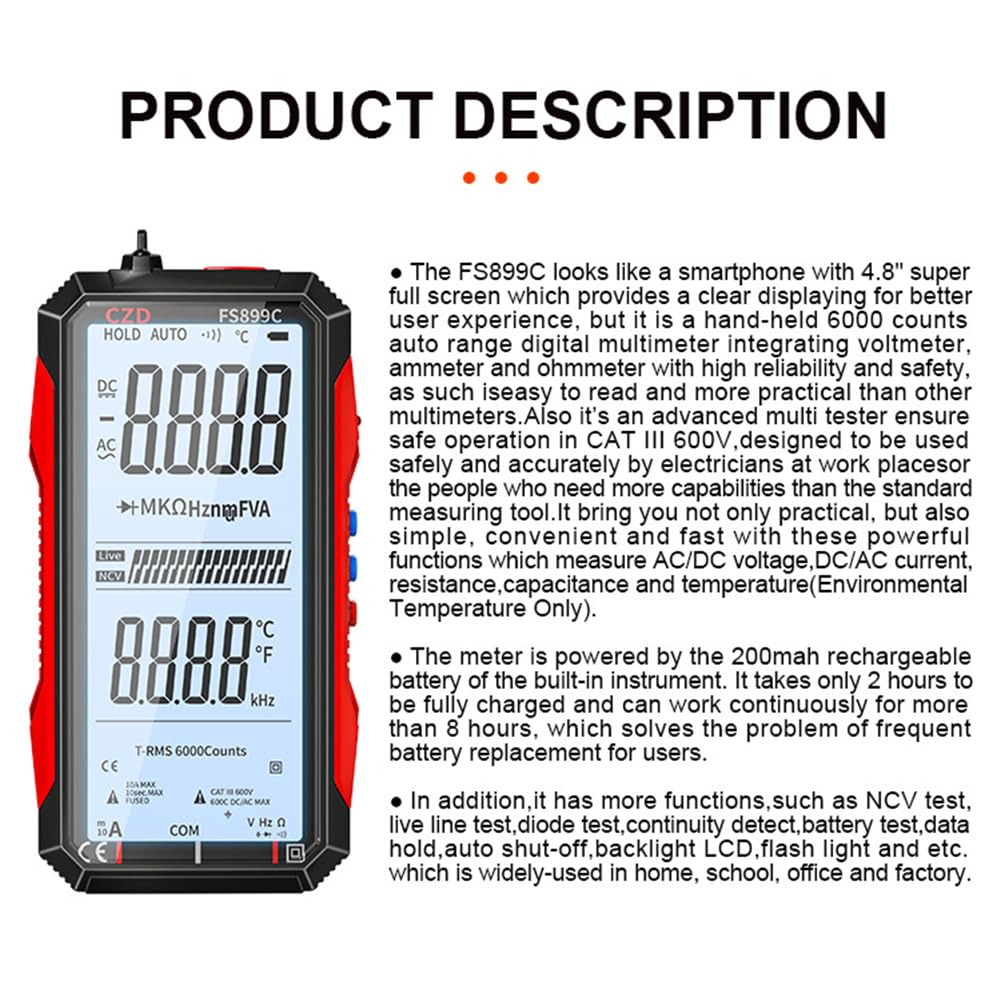 USB Rechargeable Digital Multimeter, 2026 Upgraded Fs899l Multimeter, Automatic Digital Display Multimeter Tester for Home and Industrial Electrical Issues, Multimeter Tester (FS899L) — Amazon image 9