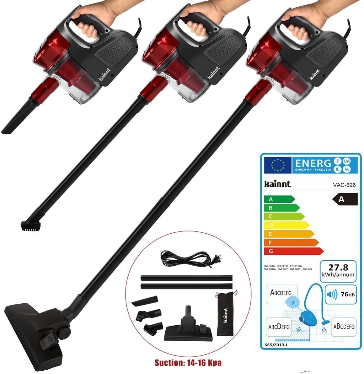 Upright Vacuum Cleaner with Bag,Handheld Vacuum Cleaner,600W 14-16KPA Red with a Portable Bag (VAC-626)