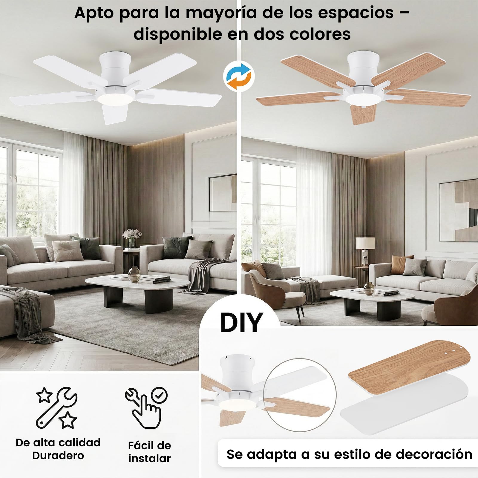 Ventilador de techo con luces de 122 cm, ventilador de techo con mando a distancia, silencioso motor reversible de CC, memoria 3CCT, regulable, 6 velocidades,Blanco