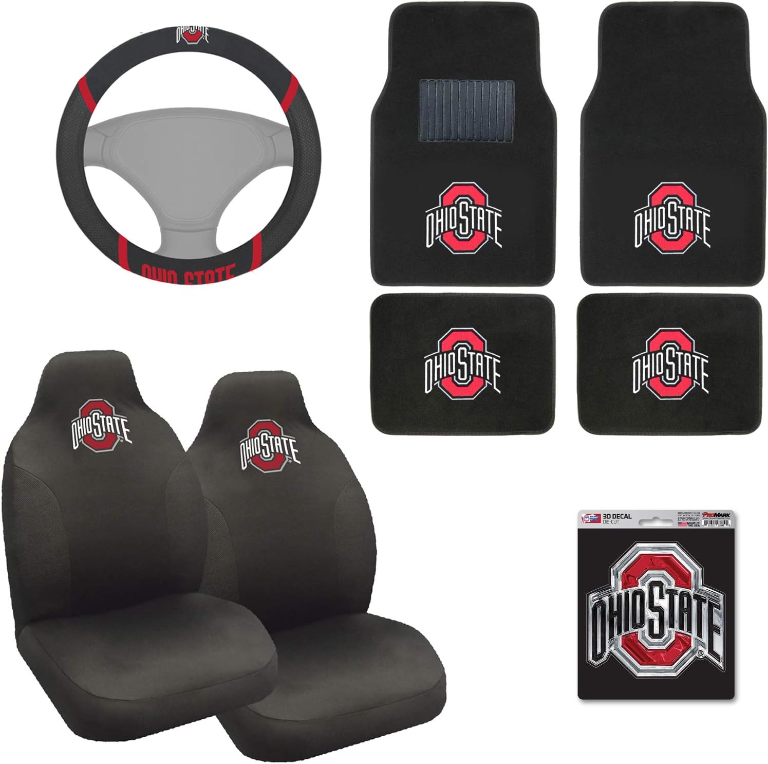 AAC FANMATS NCAA Carpet Floor Mats Bundle with Seat Covers, 3D Decal Sticker and Steering Wheel Cover for Ohio State Buckeyes Fans Officially Licensed(8 Items)