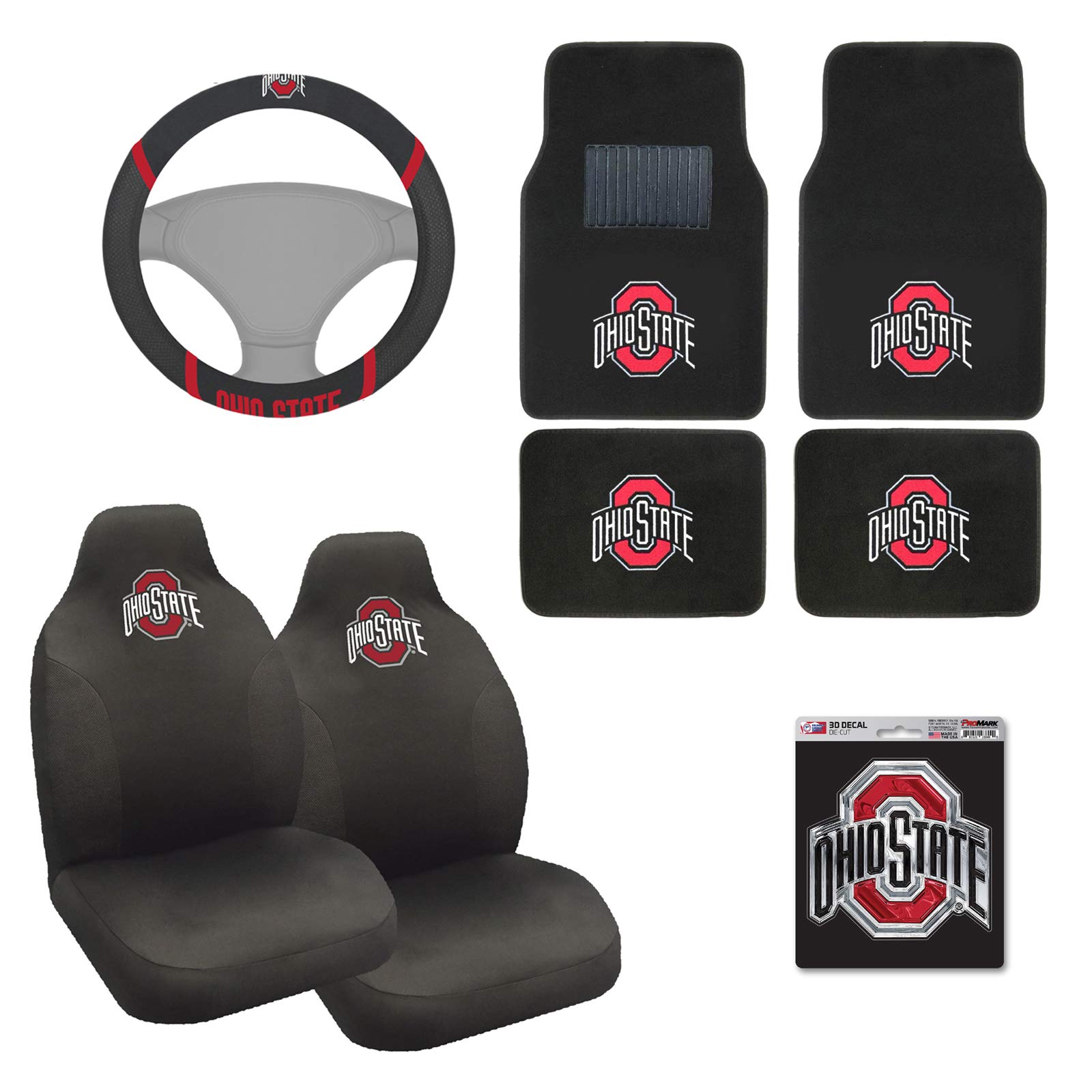 AAC FANMATS NCAA Carpet Floor Mats Bundle with Seat Covers, 3D Decal Sticker and Steering Wheel Cover for Ohio State Buckeyes Fans Officially Licensed(8 Items)