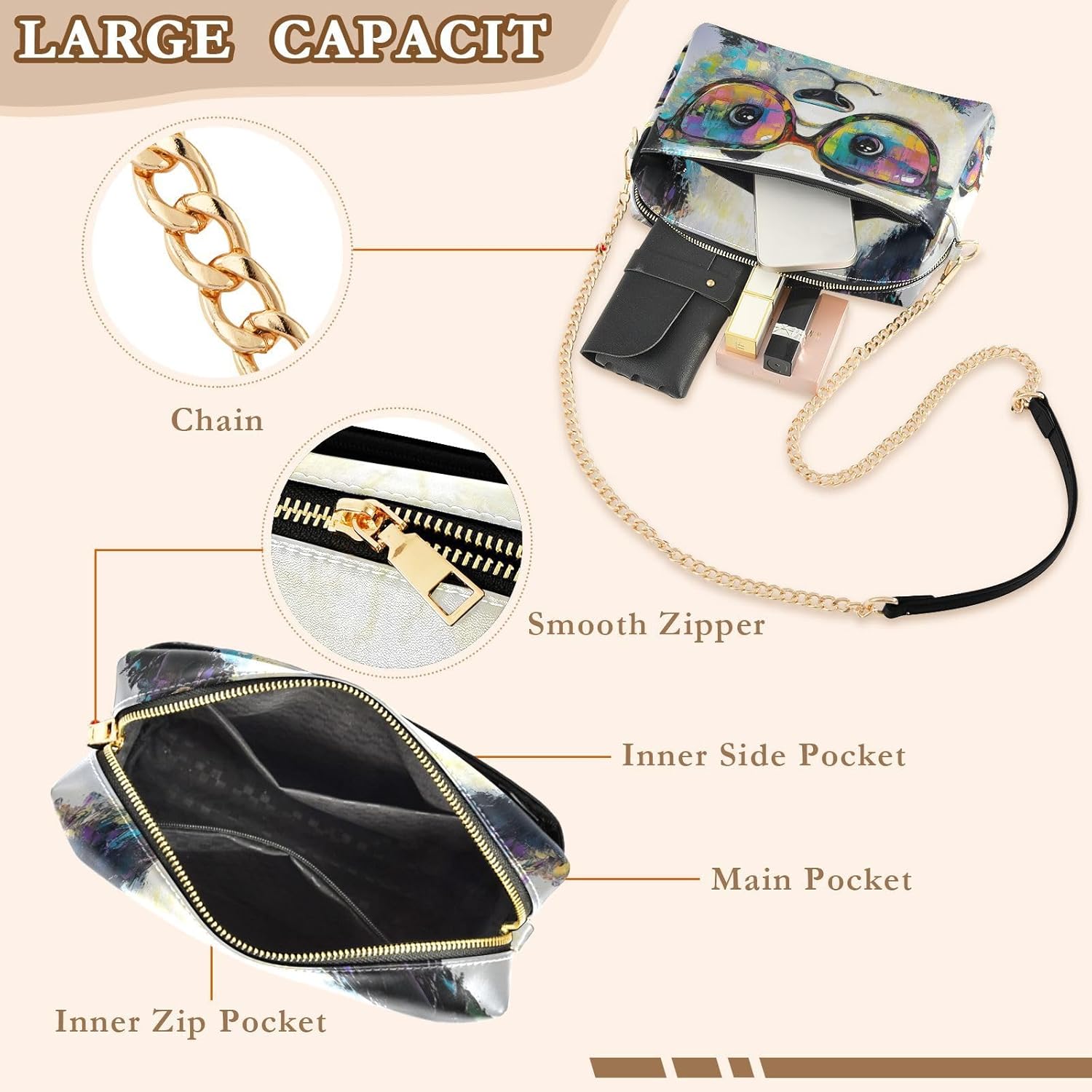 Panda Portrait Cute Crossbody Bags for Women, Small PU Leather Crossbody Purses and Handbags for Shopping Travel