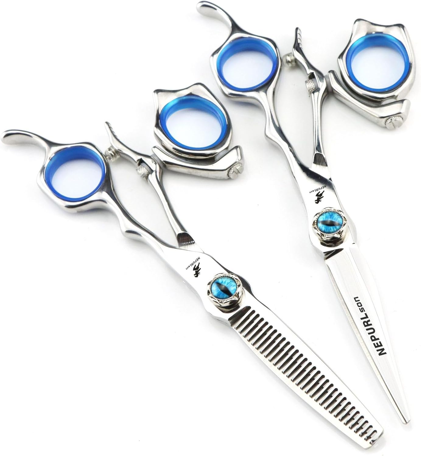 6-Inch Professional Hair Cutting Scissors Swivel Thumb, Evil Eye Barber Thinning Shears with Rotating Handle, 440C Stainless Steel, Silver