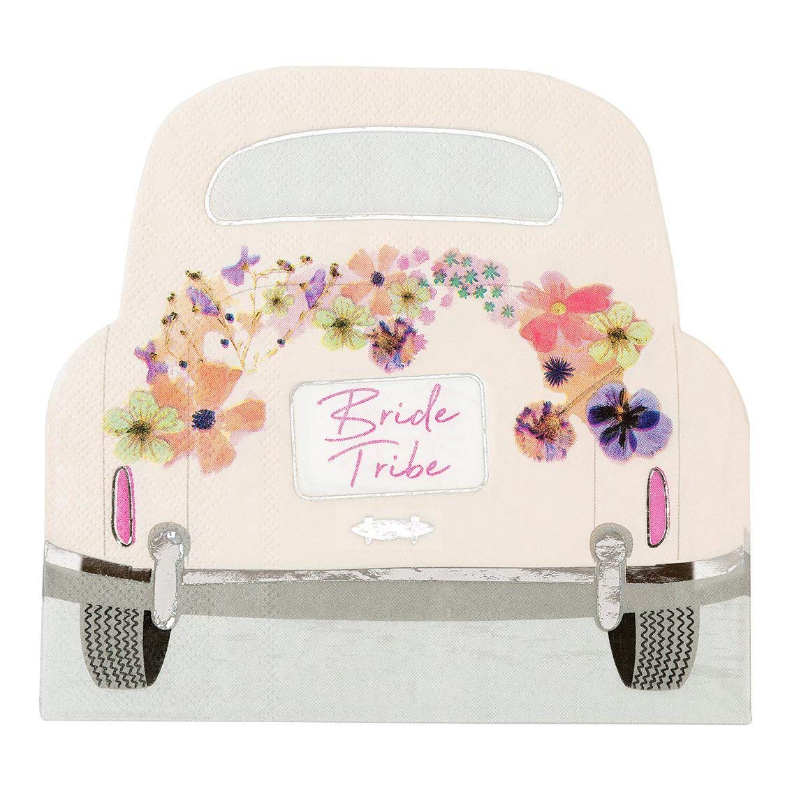 Talking Tables Team Bride Tribe Wedding Napkins for Hen Party, Engagement, Bridal Shower Cake | Pack of 16 Car Shaped Serviettes with Pink Floral Design