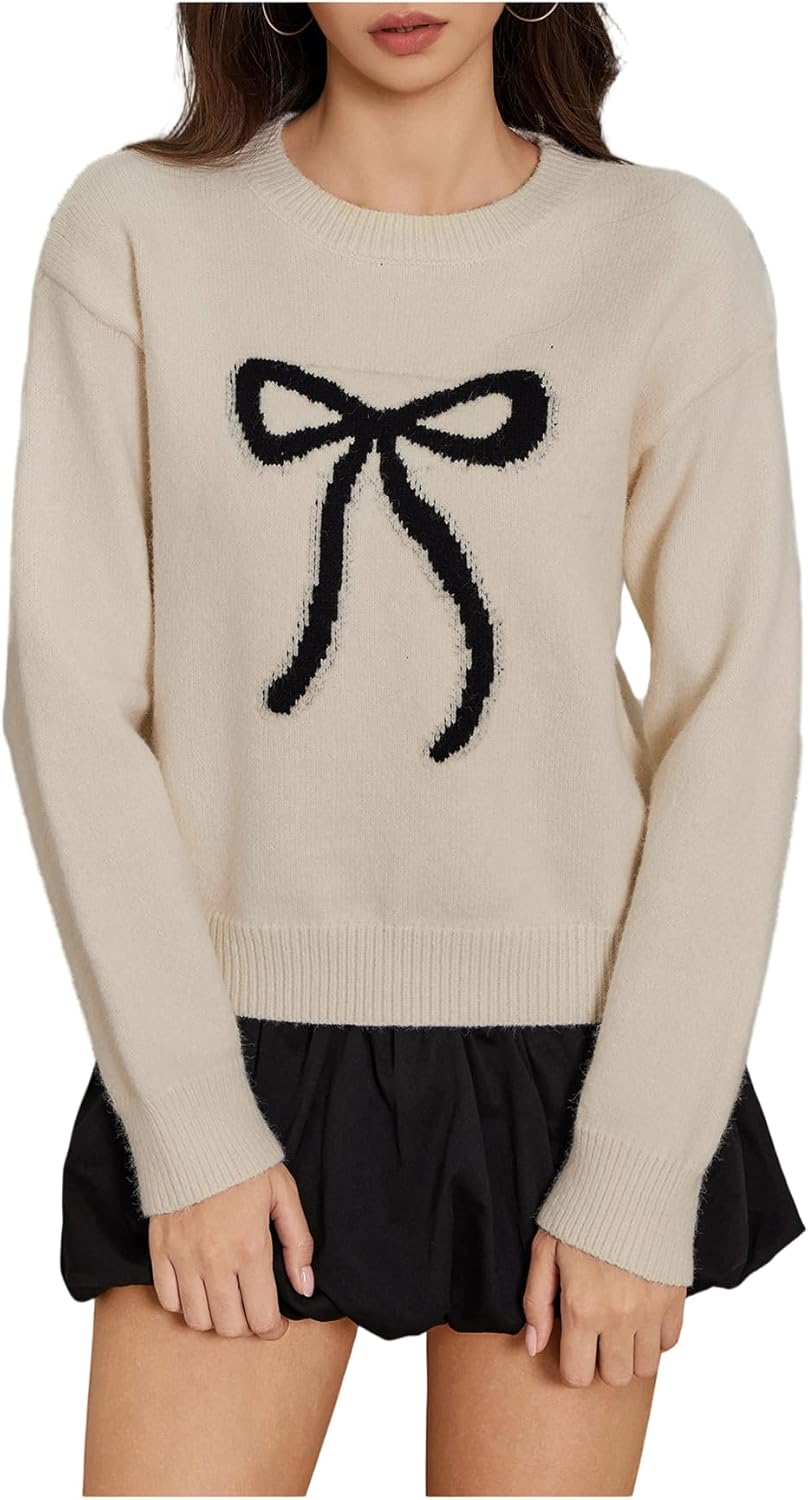 SHENHE Women's Bow Sweater Crew Neck Long Sleeve Cozy Knit Fall Holiday Dressy Sweater Pullover