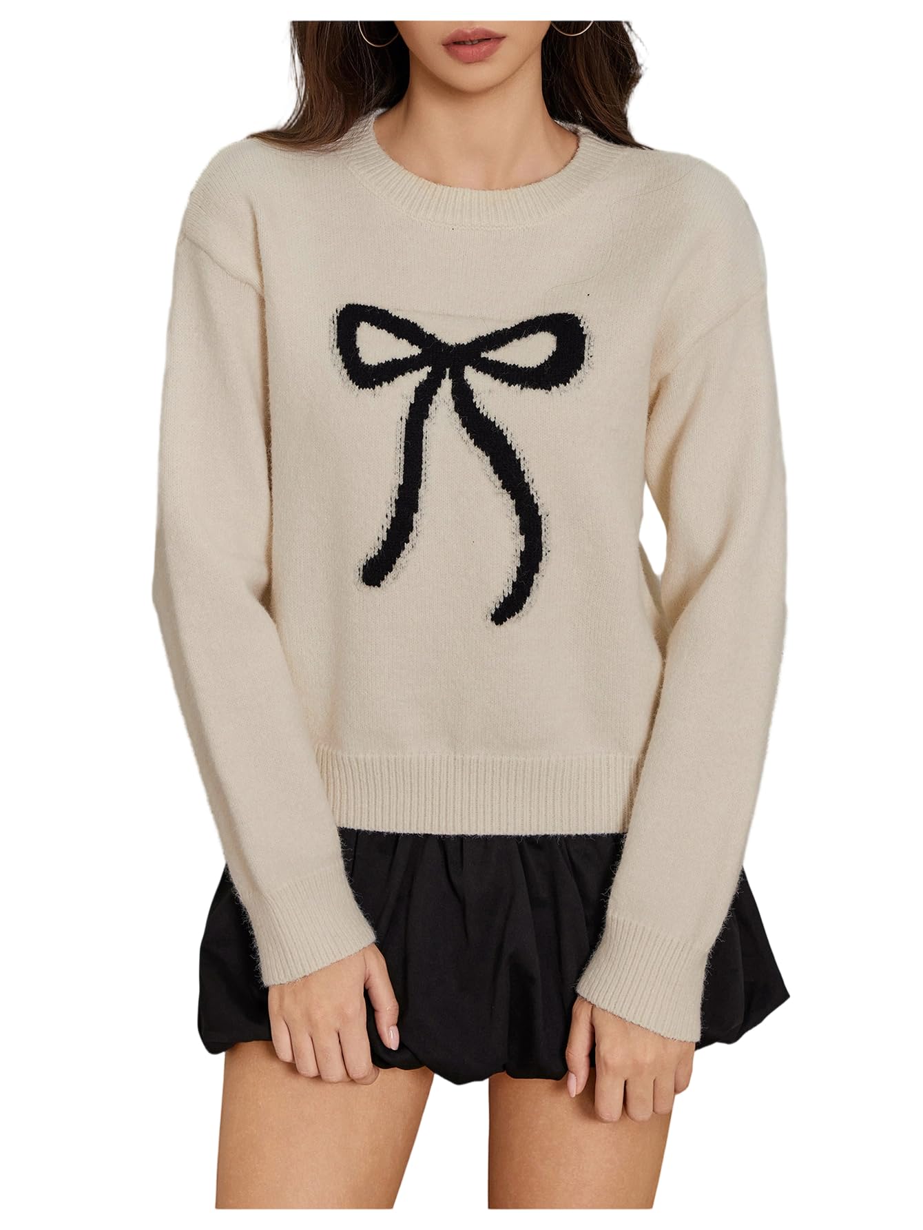 SHENHE Womens Bow Sweater Crew Neck Long Sleeve Cozy Knit Fall Holiday Dressy Sweater Pullover