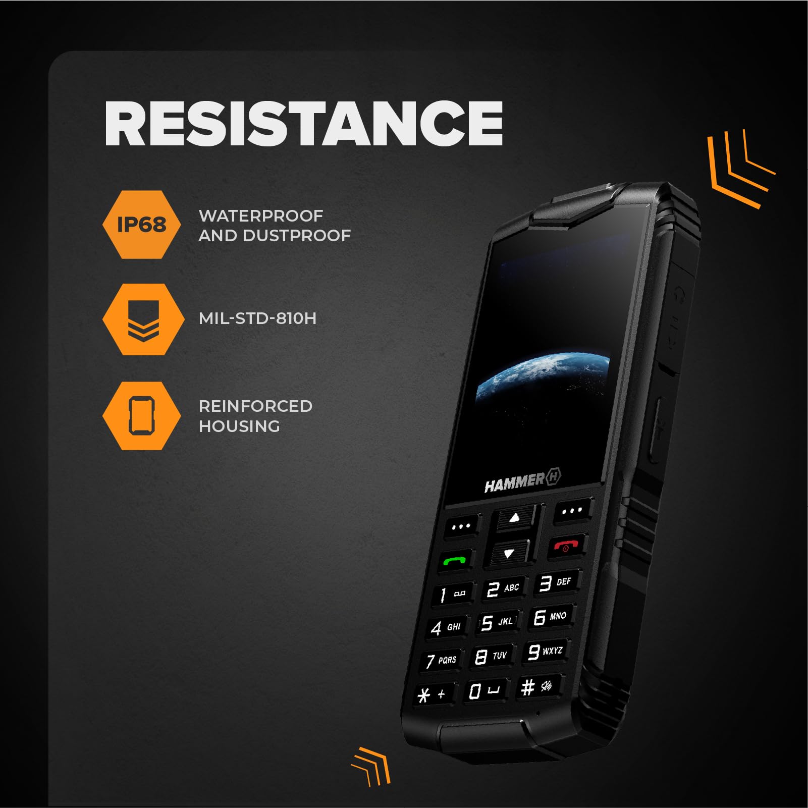 Hammer H Horizon LTE Telefono Rugged senza Contratto, Batteria 3000mAh, 64 GB, Display IPS 2,8", Tasti Grandi, Tasto SOS, Torcia, Fotocamera 2 MP, Radio FM, USB-C, Dual SIM, IP68/MIL-STD-810H, Nero