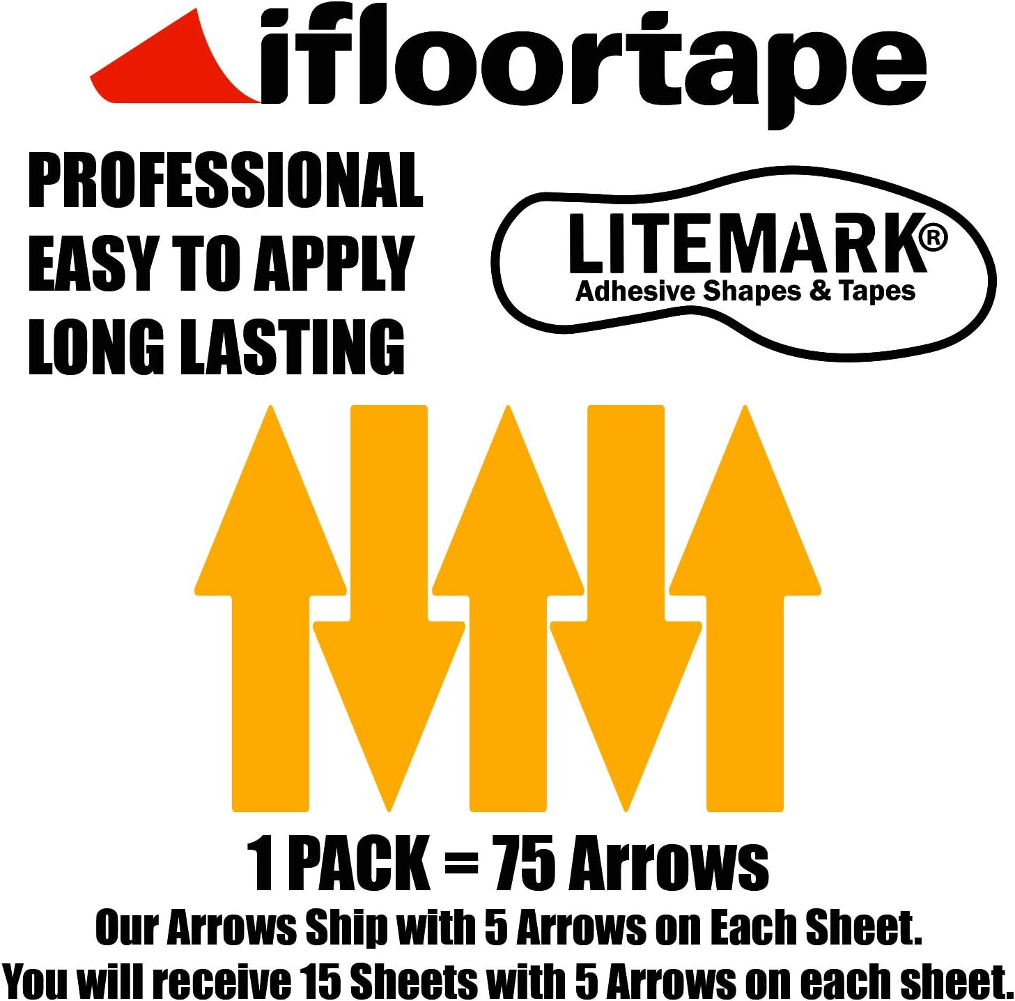 LiteMark Arrow Stickers Durable Matte Golden Yellow Decal - Ideal for Floors, Signs, Walls, Smooth Surfaces in Office, School, Warehouse, Industrial Setting (Pack of 75 Arrows)