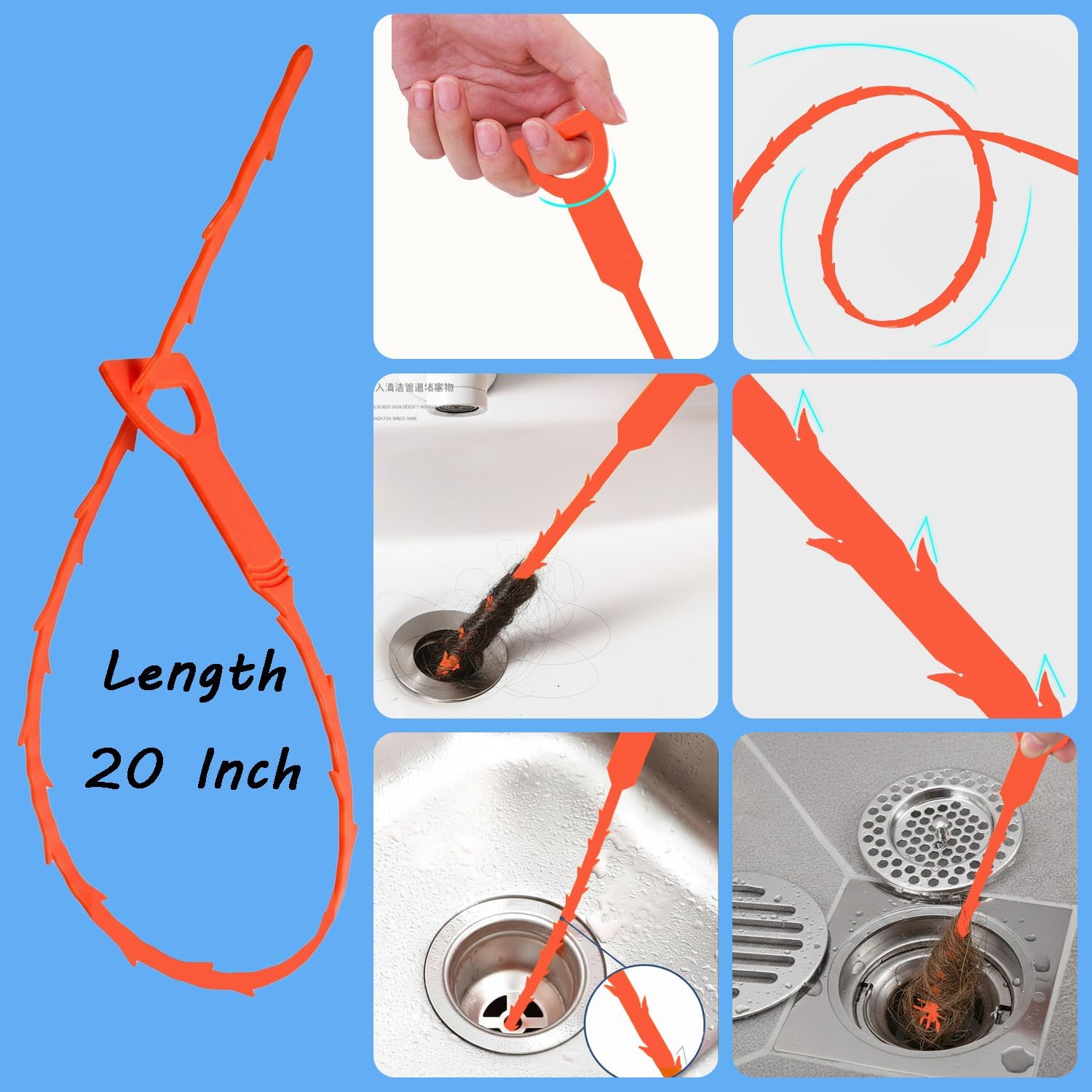 Drain Snake Hair Clog Remover, 61 Inch Flexible Plumbing Toilet Snake, Plastic Drain Hair Remover Tool for Shower, Bathtub, Kitchen, Wash Basin and Utility Sink Drain Cleaner