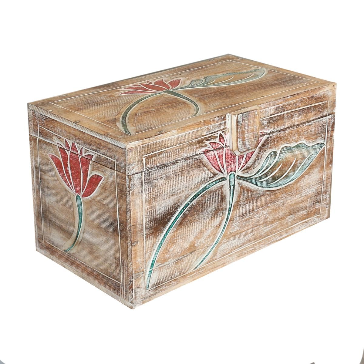 Truhe Holzkiste Holztruhe Schatztruhe Kiste Box Palmenholz Holzbox Blumen Schnitzereien Shabby Used Look Modell Baris Mittel 50 cm