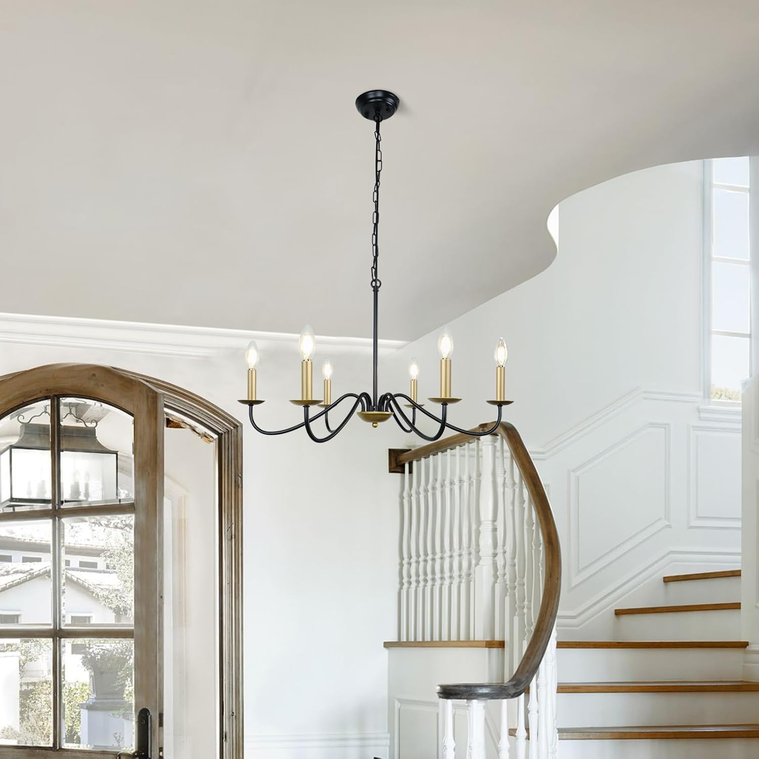 6-Light Black & Gold Chandelier Modern Farmhouse Pendant Light Fixture Industrial Candle Ceiling Light for Dining Room, Bedroom, Foyer, Hall, Kitchen and Entryway