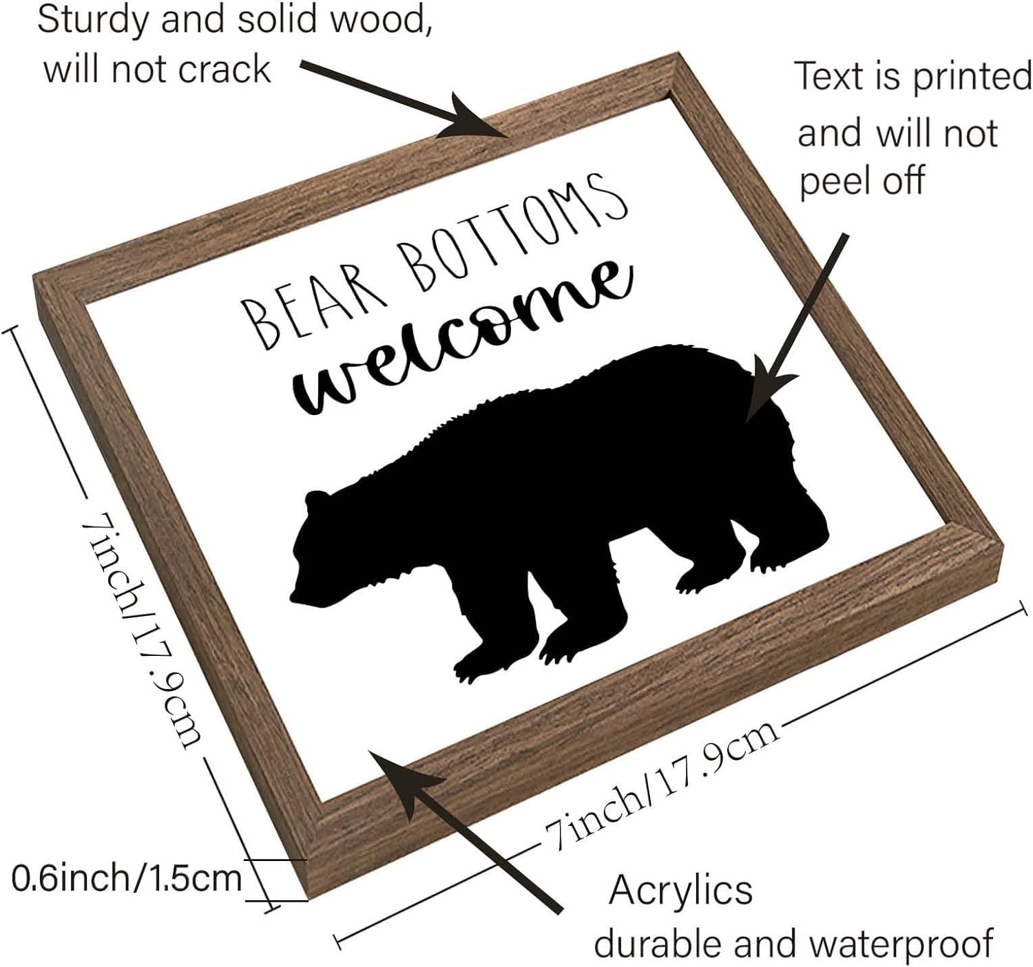 FINGERINSPIRE Bear Bottoms Welcome Art Sign Solid Wood Bathroom Sign with Arylic Layer 7x7 Inch Funny Farmhouse Wall Art Large Hangable Wooden Frame for Home Decor