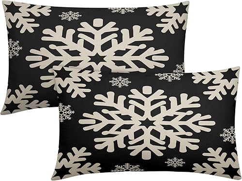Miniatura 9 de Sivirary Juego de 2 fundas de almohada verdes de Navidad de 18 x 18 pulgadas, fundas decorativas de lino para exteriores, diseño de copos de nieve