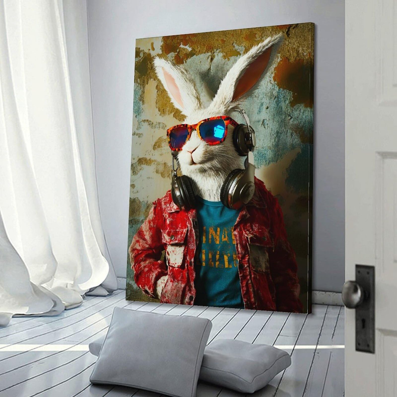 Poster decorativo da parete con coniglietto bianco, coniglietto hip hop con cuffie da appendere, poster per stanza dei giochi, camera da letto dei ragazzi, camera da letto, uomo, grotta, casa, bar, 40