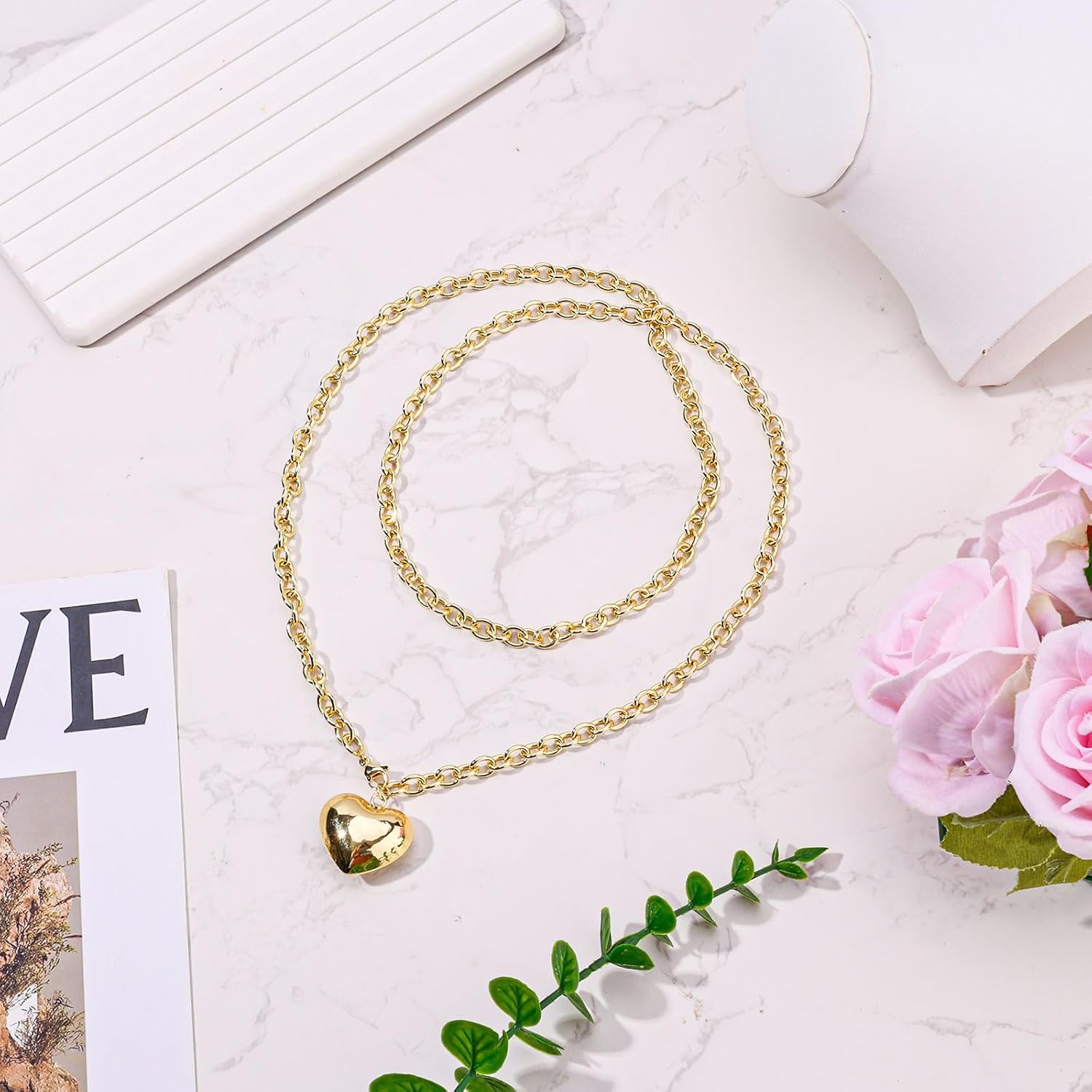 Puffy Heart Necklace for Women, Gold Chunky Necklace Trendy Long Chain Necklace with Heart Pendant Statement Jewelry Gift for Birthday Valentines Anniversary - Image 3