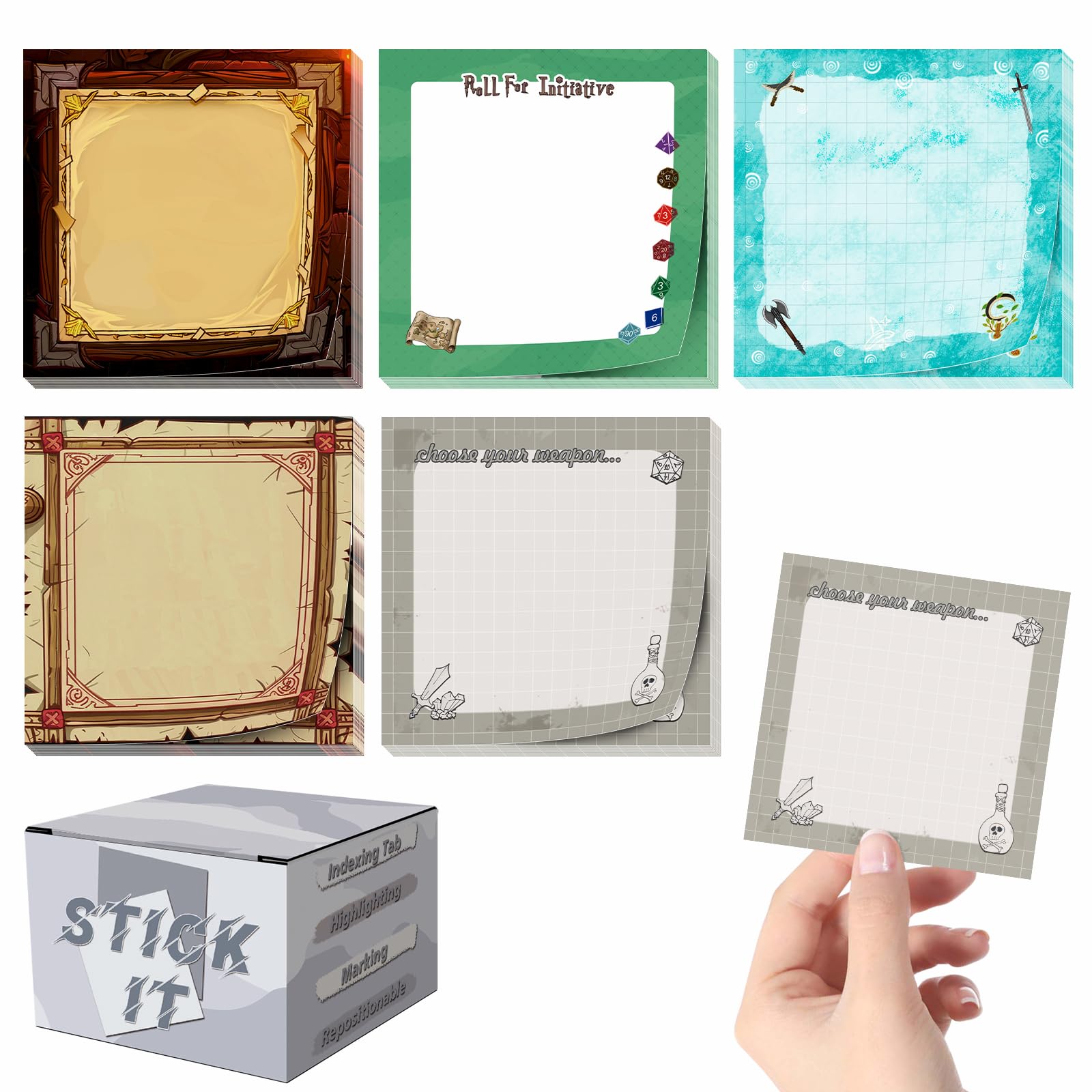 CZYY DND Inspired Sticky Notes - 3x3 Inch Square Self-Stick Notepad, 5 Memo Pads (100 Sheets Each) - DND Gift, Stationery, Office Products for Gamers & DM (Style A)