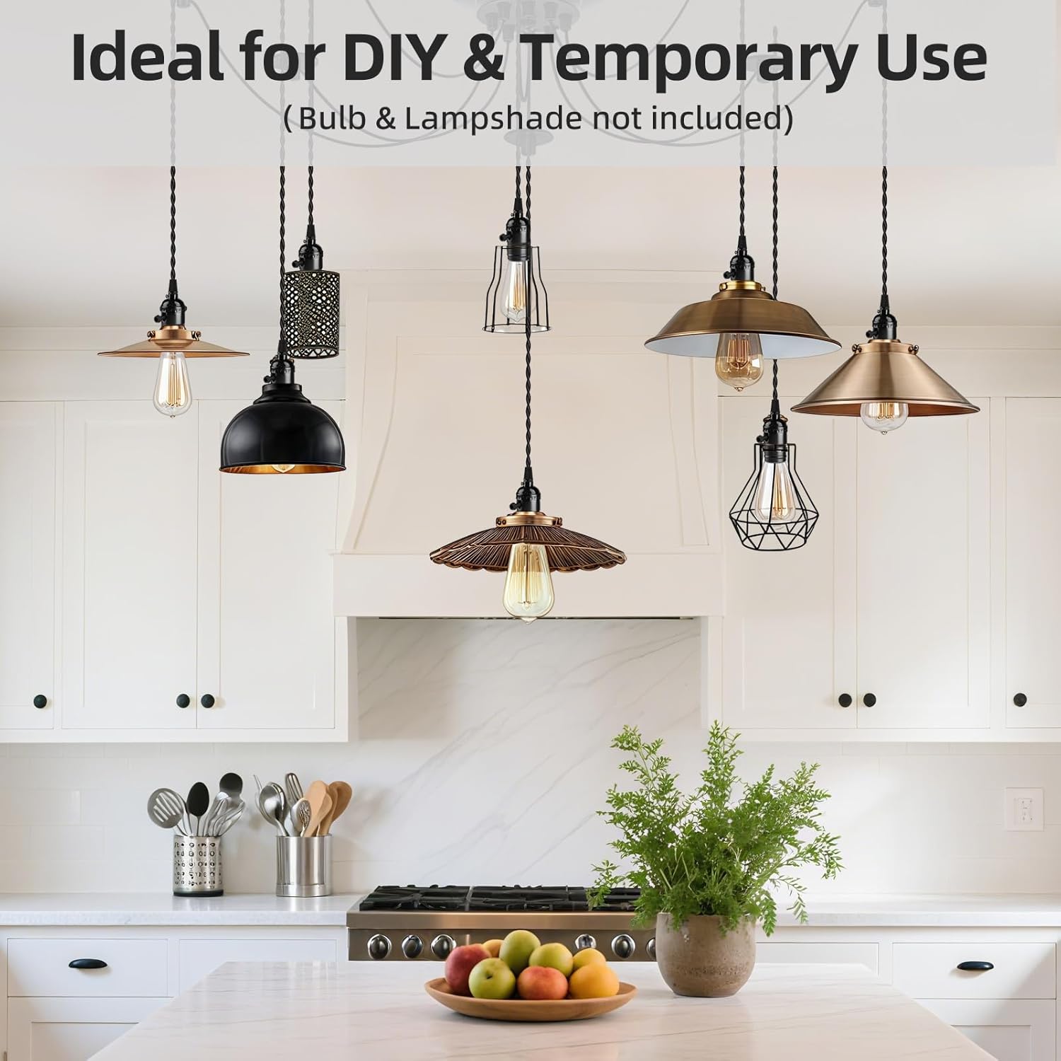 Vintage Plug-in Pendant Light Kit with 1-to-4 Hanging E26/E27 Sockets, Industrial Hanging Light with Individual Rotary Switches, Easy DIY Lighting for Living Room, Patio and Plant Corners, Black