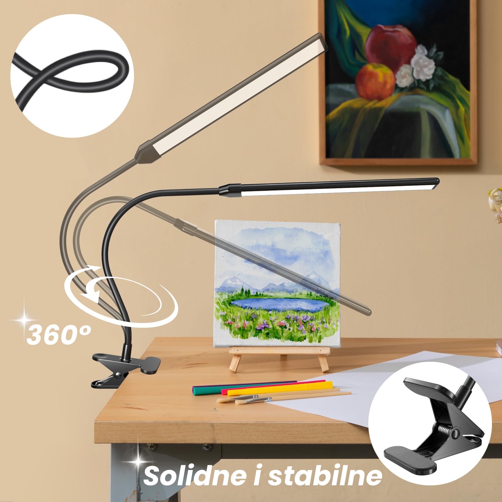 Lampka LED na Zacisk do Malowania dla Artystów, 3 Tryby Światła, 10 Poziomów Jasności, 300lm Światło do Czytania Rysowania z Elastycznym Ramieniem, Zasilanie USB