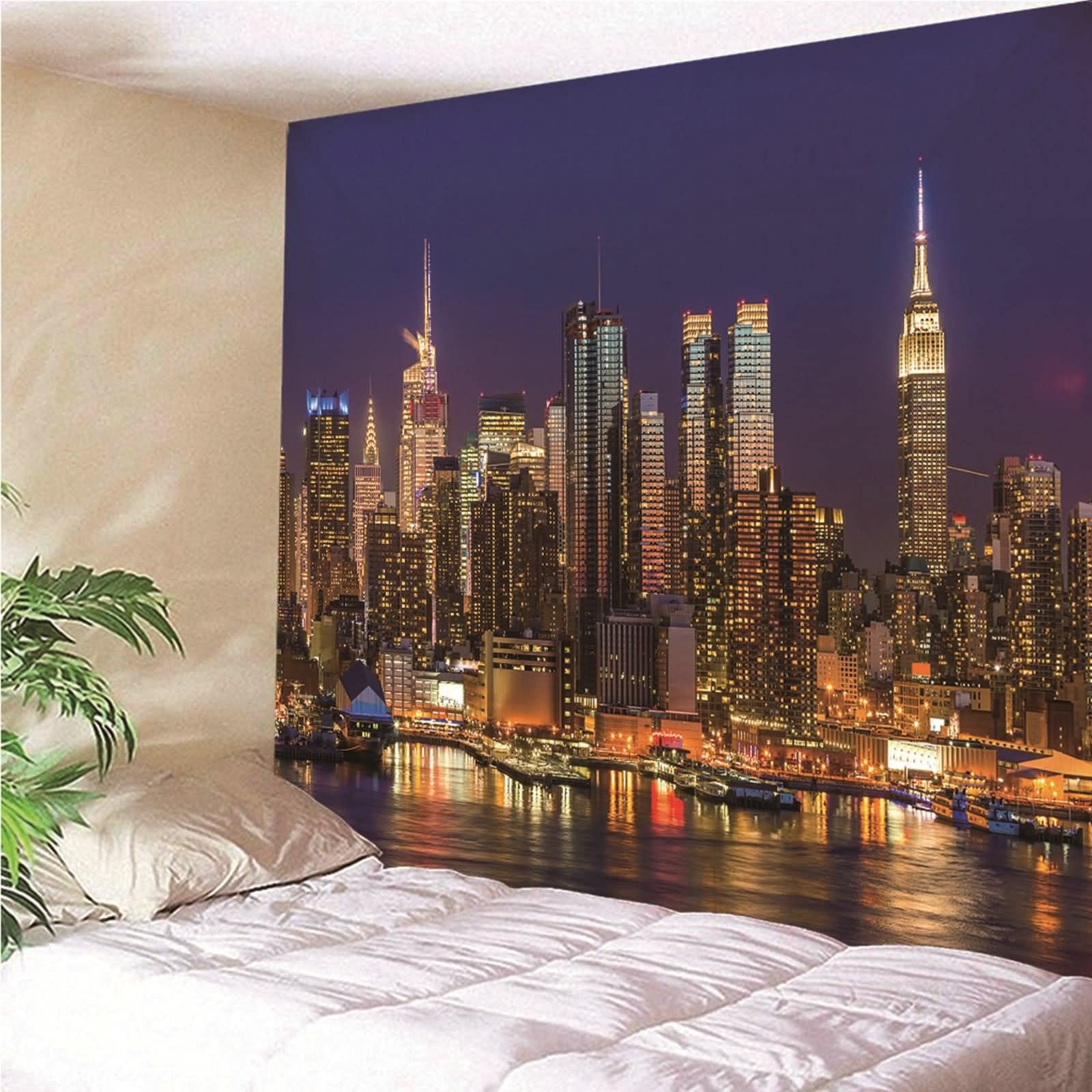 Tapiz Tela Pared Grande, Decoración Pared Grande Paisaje de La Ciudad de Noche Poliéster Vistoso 350x256CM