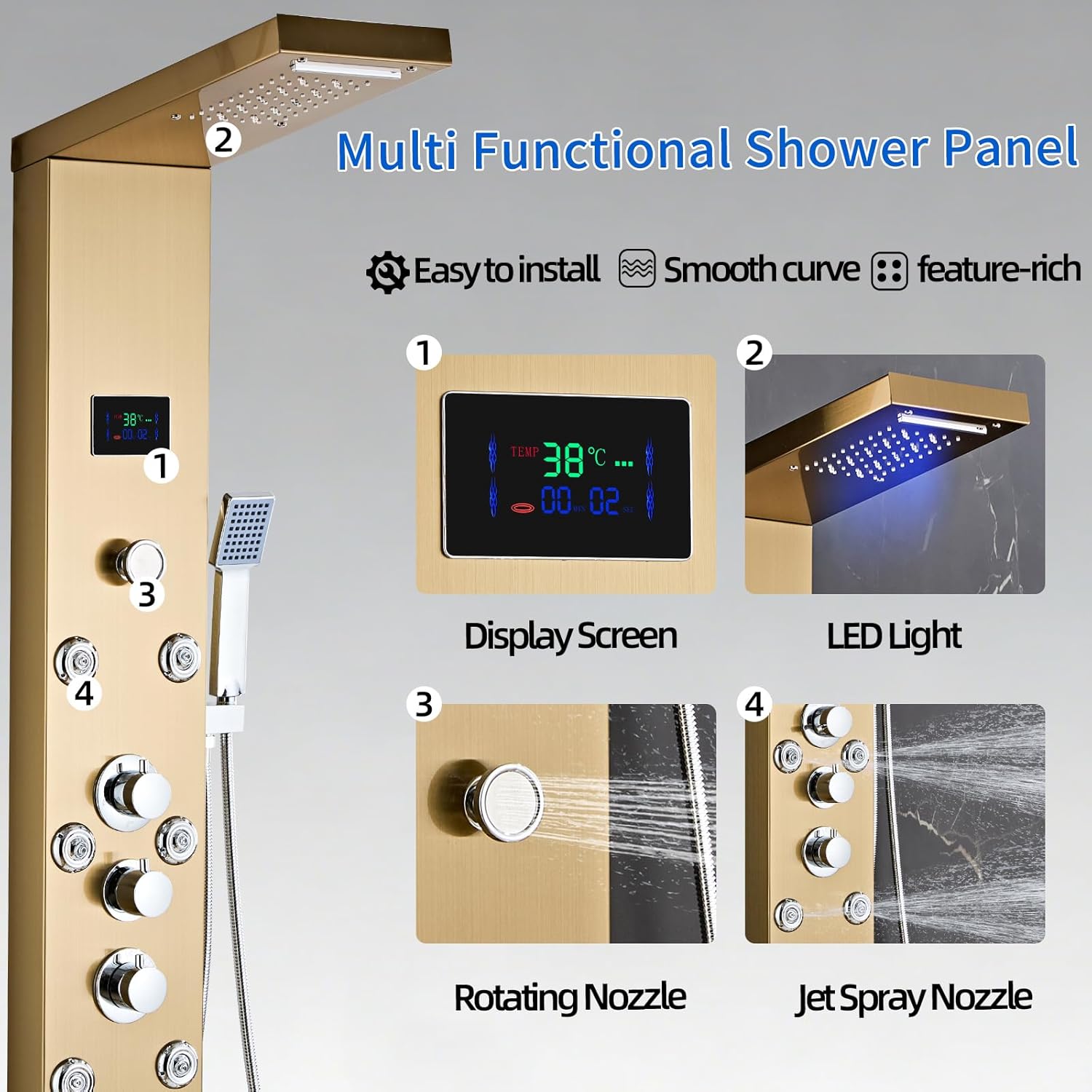 Shower Panel Tower System Shower Panel Tower with Powerful Body Jets, Rainfall, Waterfall,Handheld and Tub Spout,Stainless Steel LED Shower Column - Brushed Gold