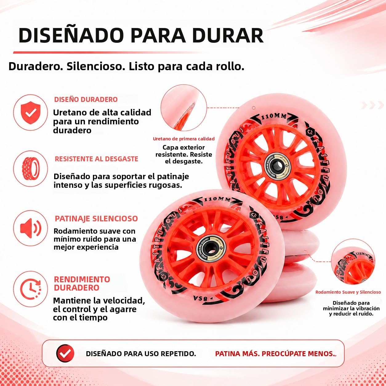 Pack de 6 Ruedas de Repuesto para Patines en Línea, 100 mm 110 mm, Dureza 85A, Ruedas de PU con Rodamientos, Buen Agarre, Resistentes al Desgaste, Silenciosas y Suaves (100MM)