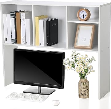 Briwooody Dorm Desk Hutch Desktop Bookshelf with 5 Shelves 3-Tier Wood Countertop Desk Shelf Top Only Organizer for College Dorm Office Home, 32.3 x 7.9 x 25.2 InchWhite