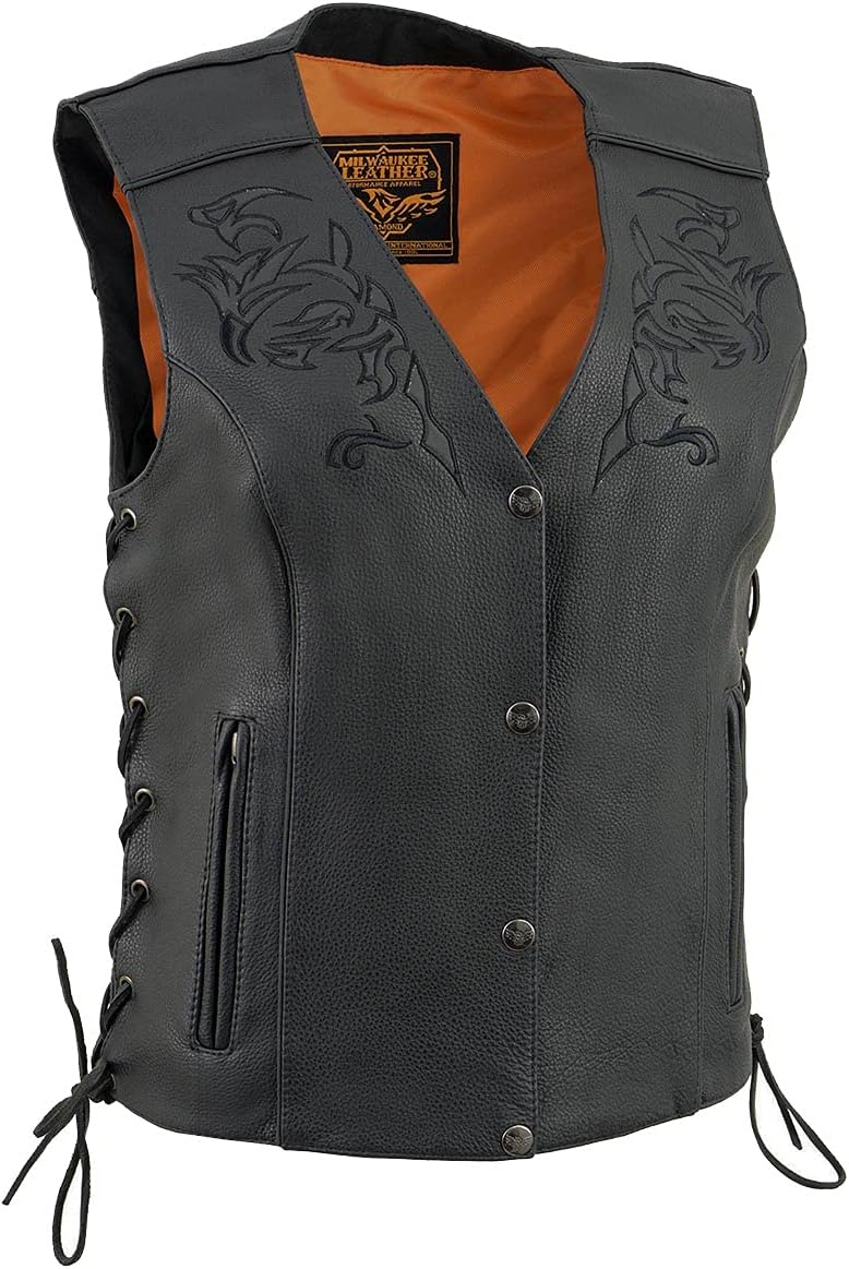 Milwaukee Leather ML1296 Women’s Black Leather Side Lace Motorcycle Rider Vest- Reflective Piping and Black Skulls