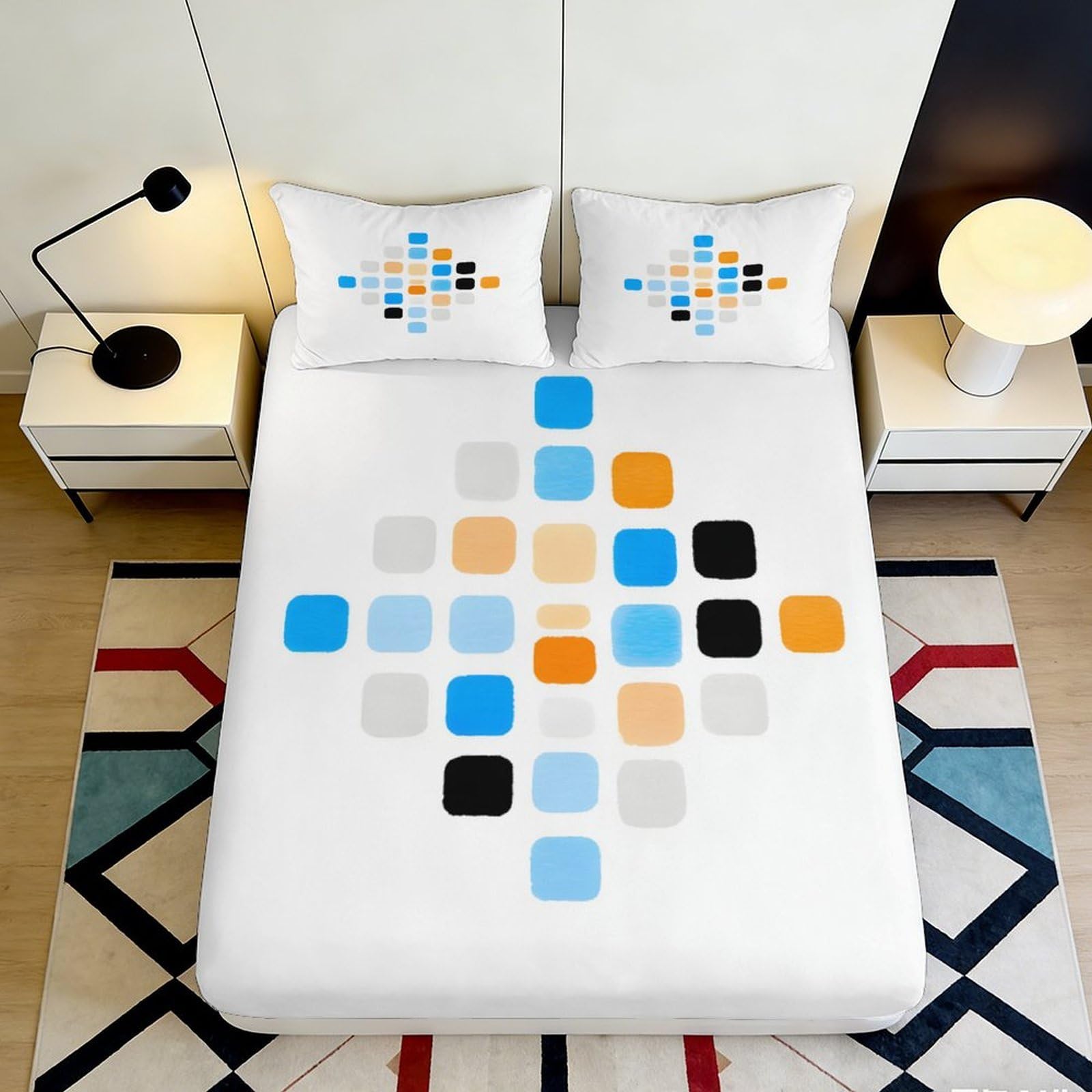 3D Printed Geometric Color Block Fitted Sheet Microfiber Soft Breathable Abstract Squares Mattress Cover for Bedroom Dorm Decor 200x200x25cm