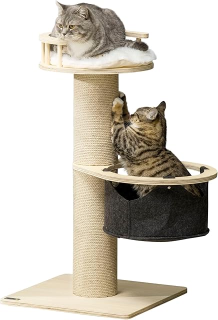 PawHut 84cm Cat Tree, Kitty Activity Centre with Hammock and Bed, Cat Tower with Jute Scratching Post, Natural Finish