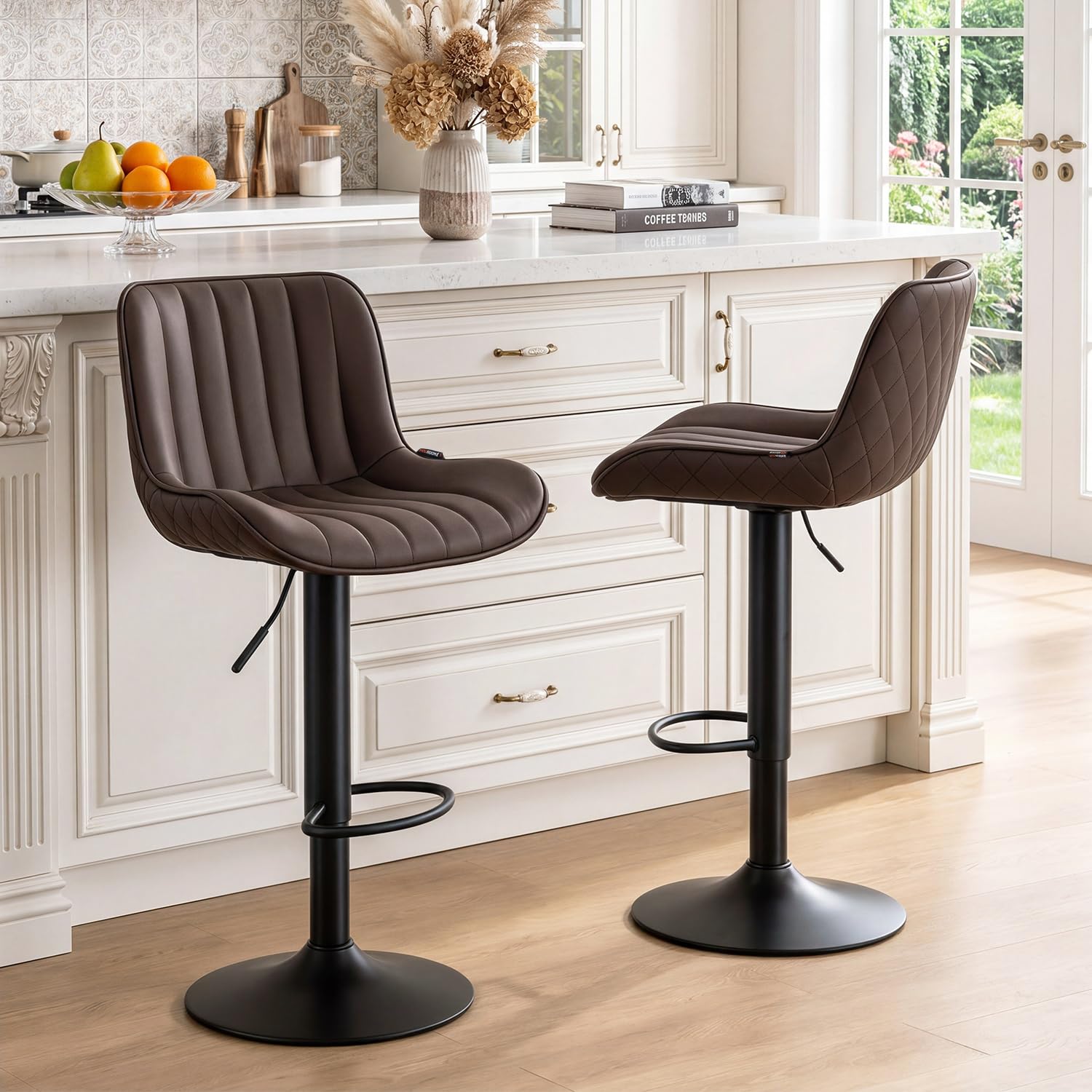 YOUNUOKE Bar Stools Set of 2 Brown PU Leather Upholstered Counter Height Bar Chairs with Backrest 360ยฐ Swivel Height Adjustable Kitchen Stools for Breakfast Kitchen Island