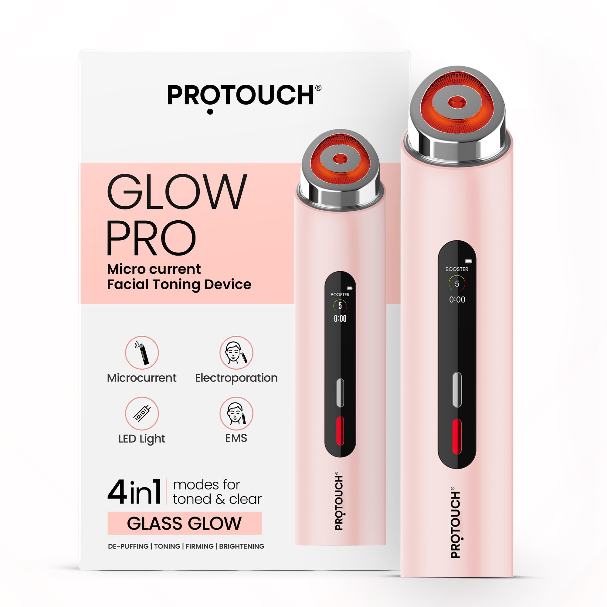 PROTOUCH GLOW PRO Microcurrent Facial Toning Device, 4-in-1 Modes, LED Light, EMS, Electroporation, De-Puffing, Firming, Brightening