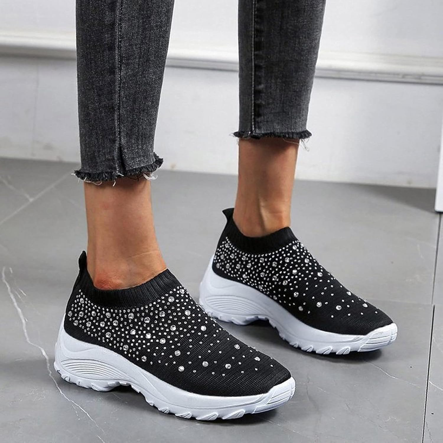 Women’s Sparkly Rhinestones Slip On Mesh Sock Sneakers Breathable Non-slip Running Shoes Laceless Comfort Lightweight Walking Shoes for Summer Casual Working Gym Tennis Athletic Indoor Outdoor