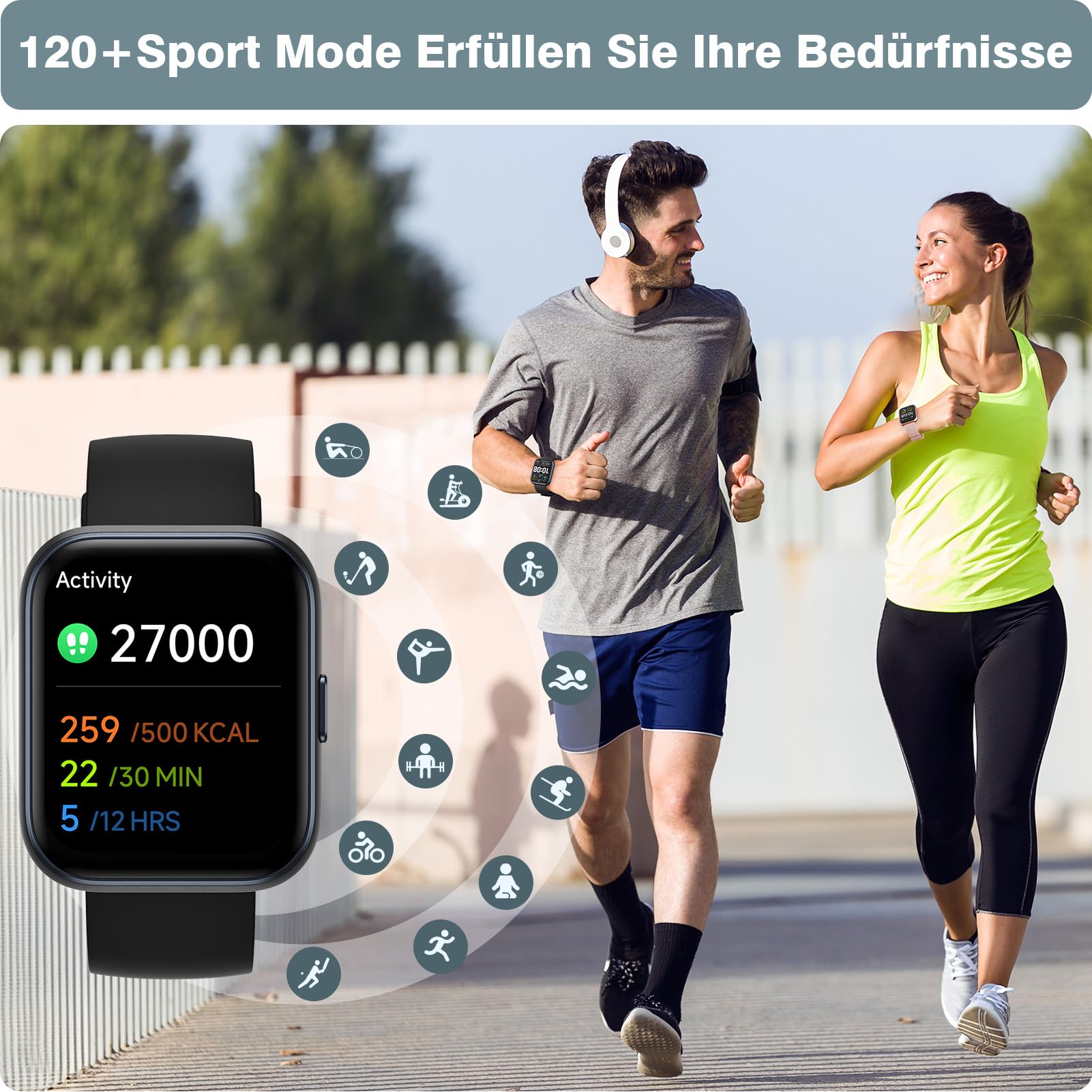 Smartwatch Herren Damen, 1.85" Smart Watch mit Telefonfunktion/Whatsapp, Fitnessuhr Herren mit Herzfrequenz/Schlafmonitor, 10 Tage Akku, 3ATM Wasserdicht Pulsuhr Damen für Samsung/iOS/Android, Alexa