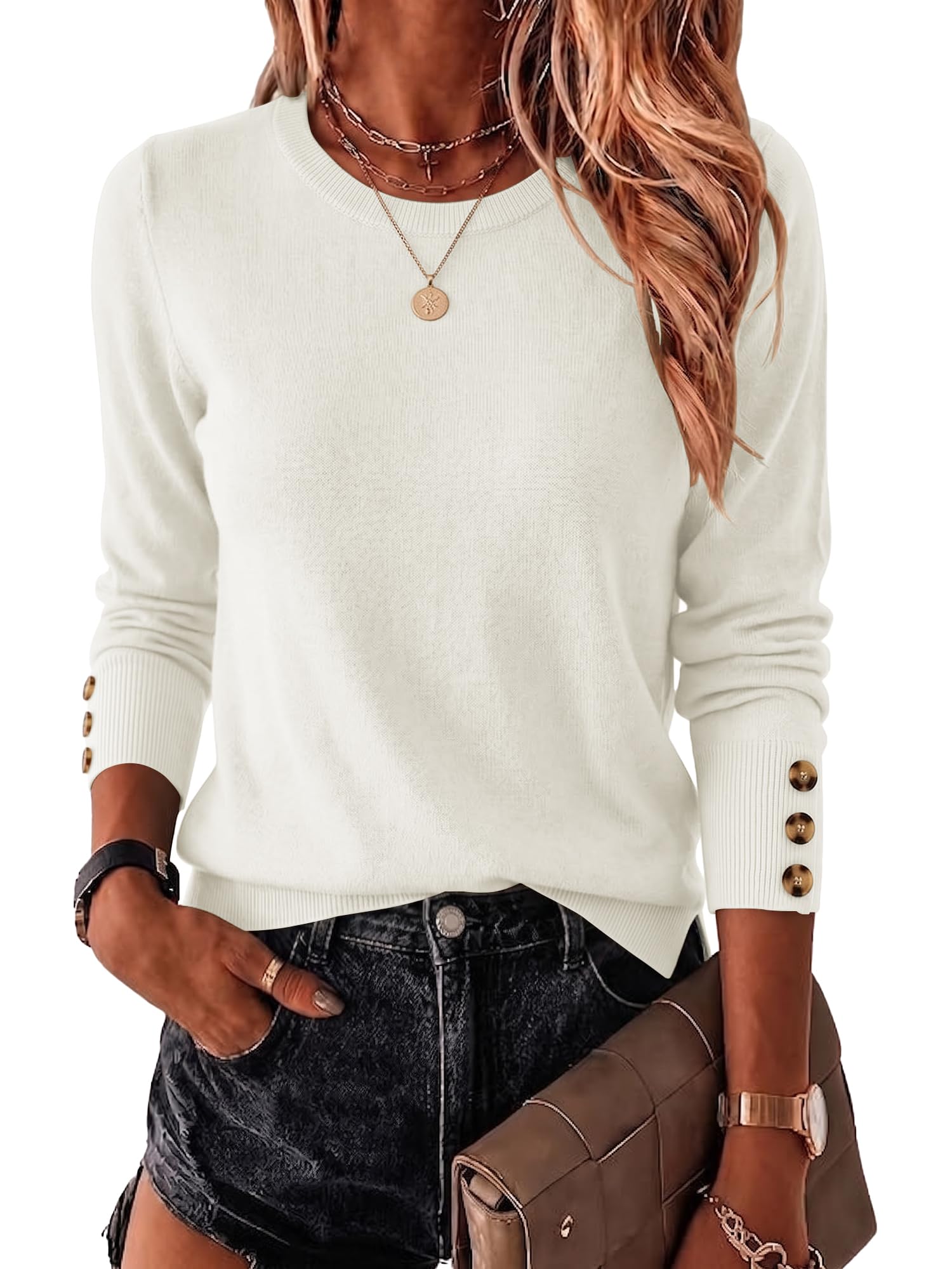 Toplop Pullover Damen Strickpullover Rundhals mit Knöpfen | Eleganter Damen Feinstrickpullover mit Rundhals, Knöpfen & Seitenschlitz. Weich, Warm & Perfekt für Herbst & Winter.