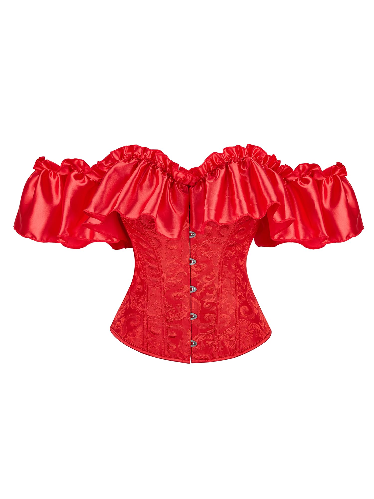Acrawnni Women's Floral Lace Corset Off Shoulder Bustier Waist Shaping Slim Fishbone Overbust Corset Lace Up Bodyshaper Lingerie Top (C-Red, L)